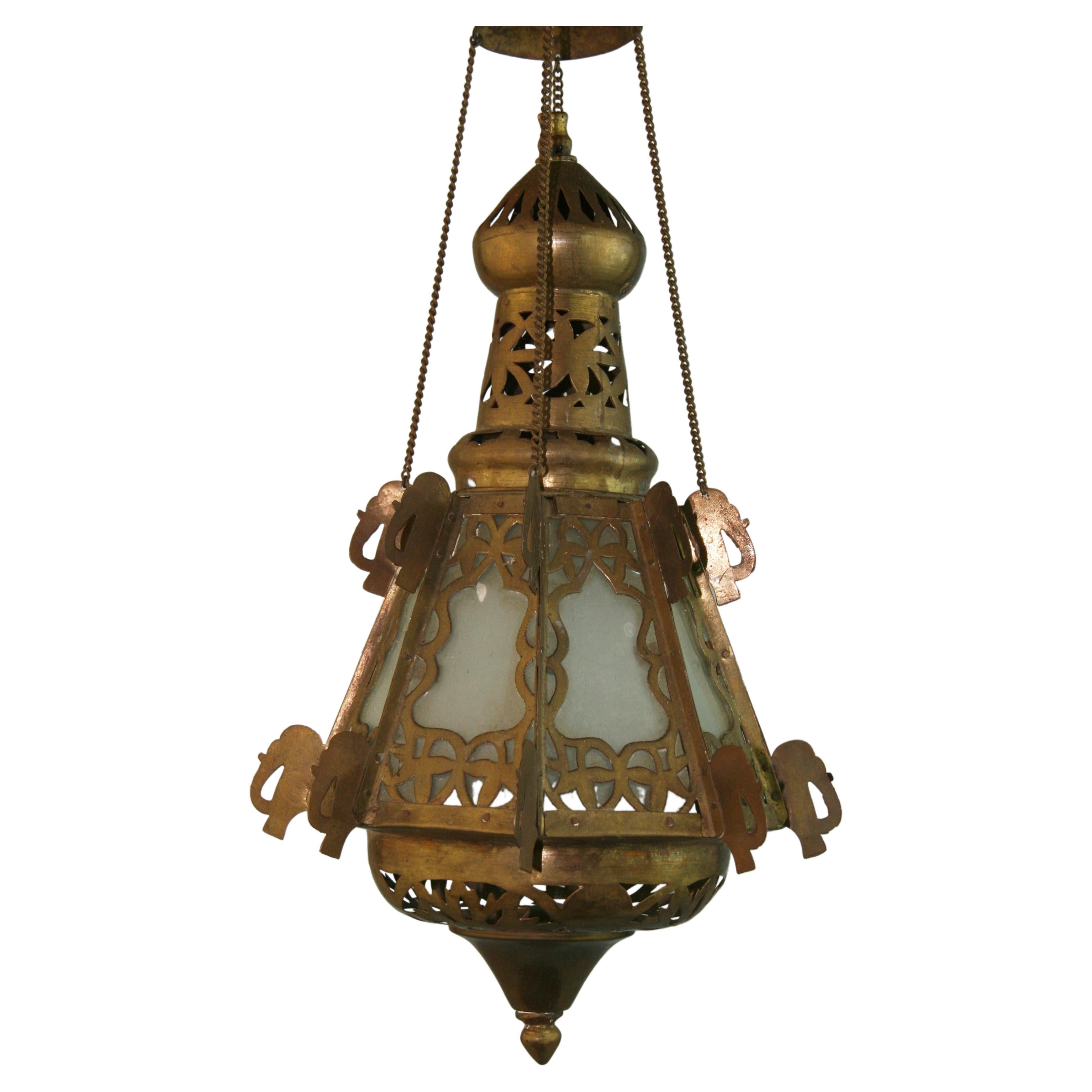 Pair Greek Ornate Brass and Frosted Glass Church Lanterns, Circa 1920's For Sale