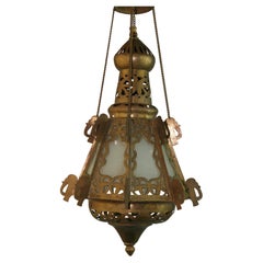 Pair Greek Ornate Brass and Frosted Glass Church Lanterns, Circa 1920's