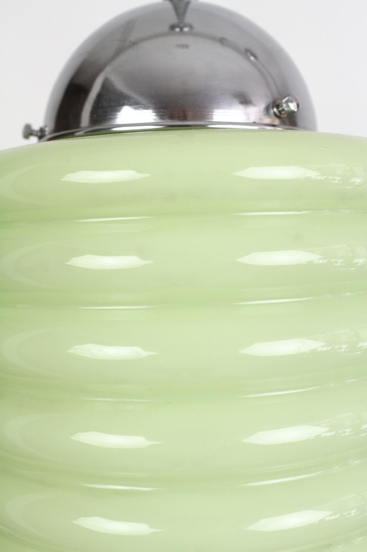 Green Art Deco Milk Glass Pendant Light, 1930s In Excellent Condition For Sale In Budapest, HU