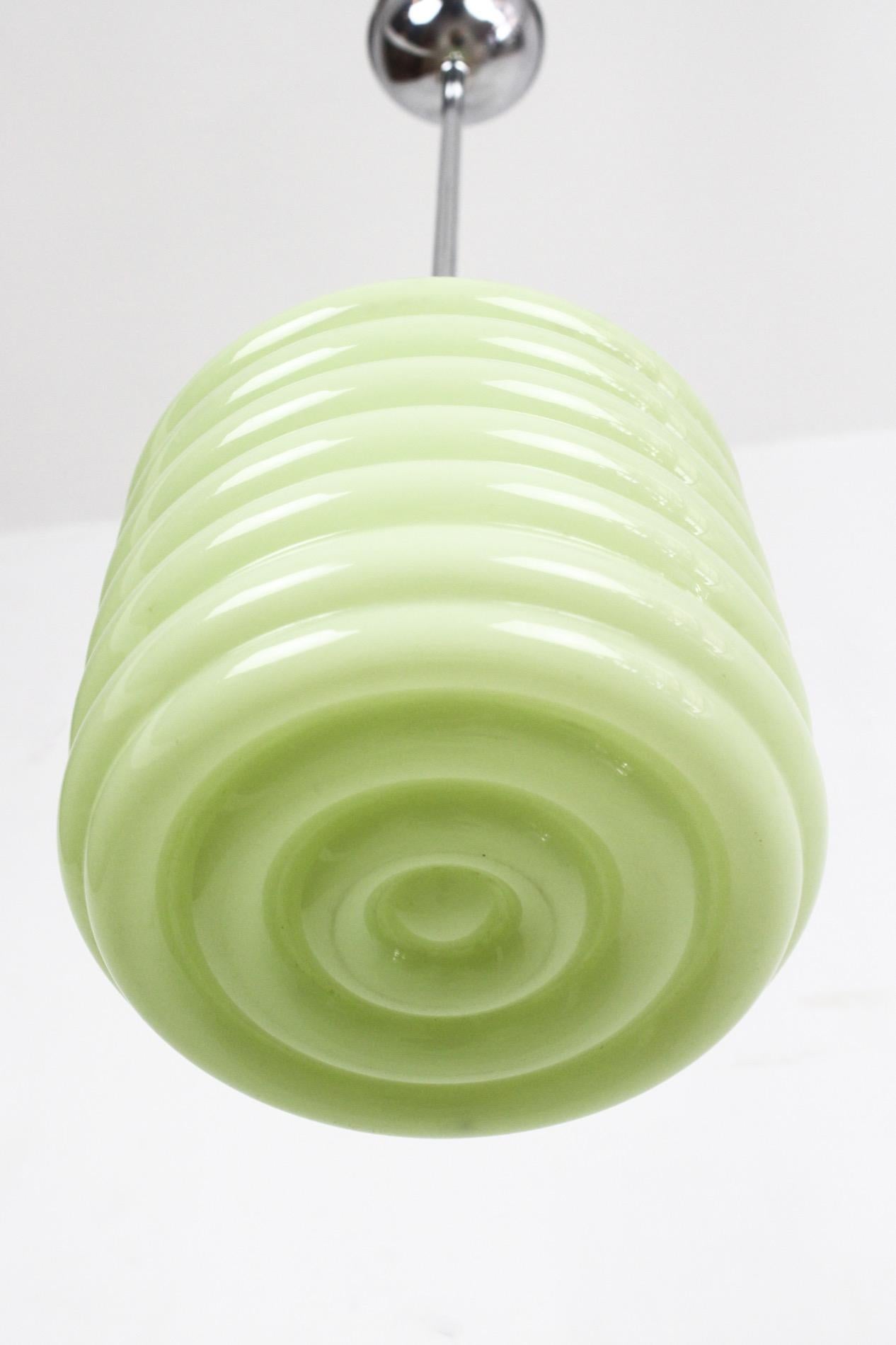 Green Art Deco Milk Glass Pendant Light, 1930s For Sale 1