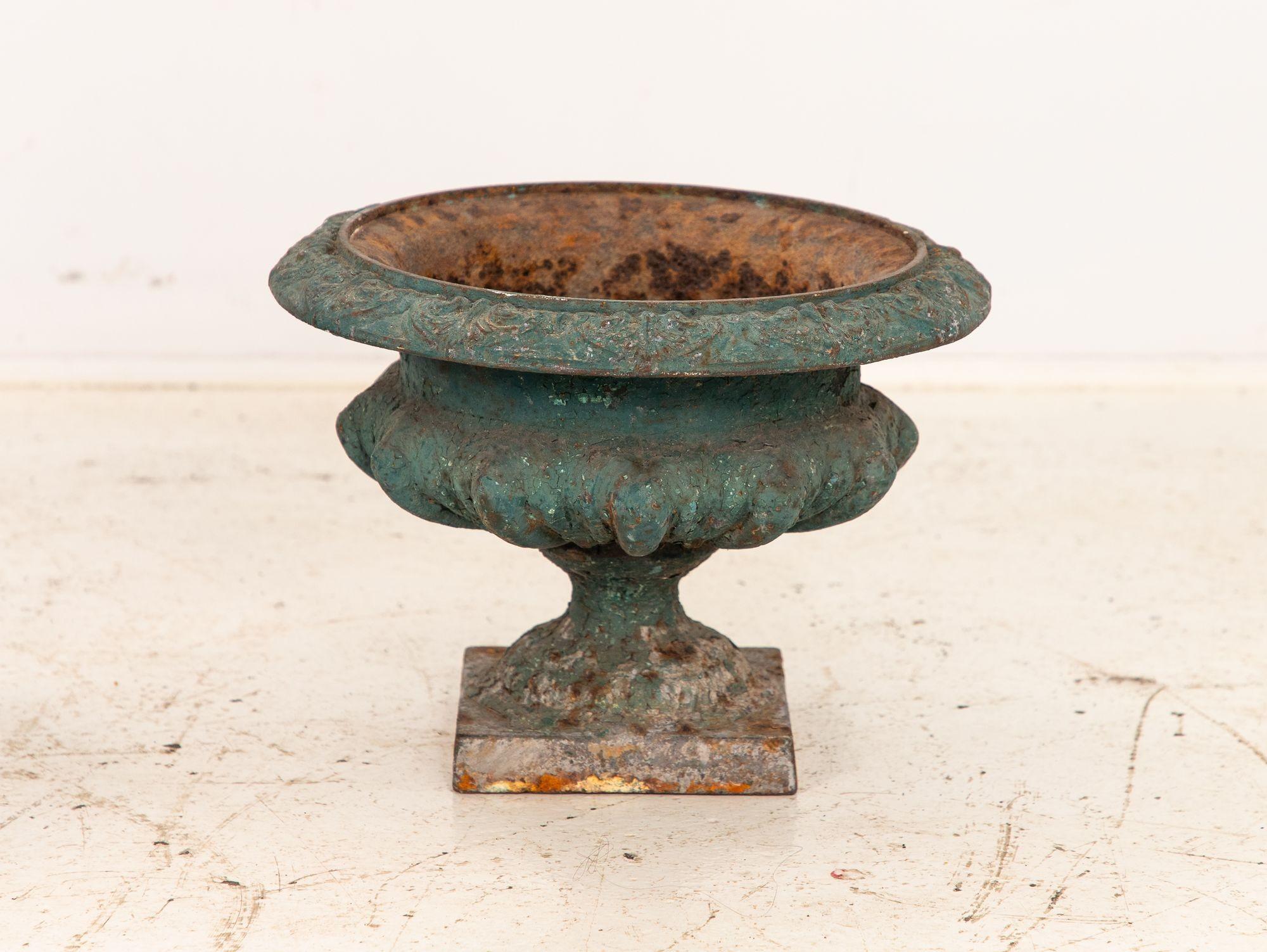 French Pair Green Cast iron Urns, France Early 20th C. For Sale