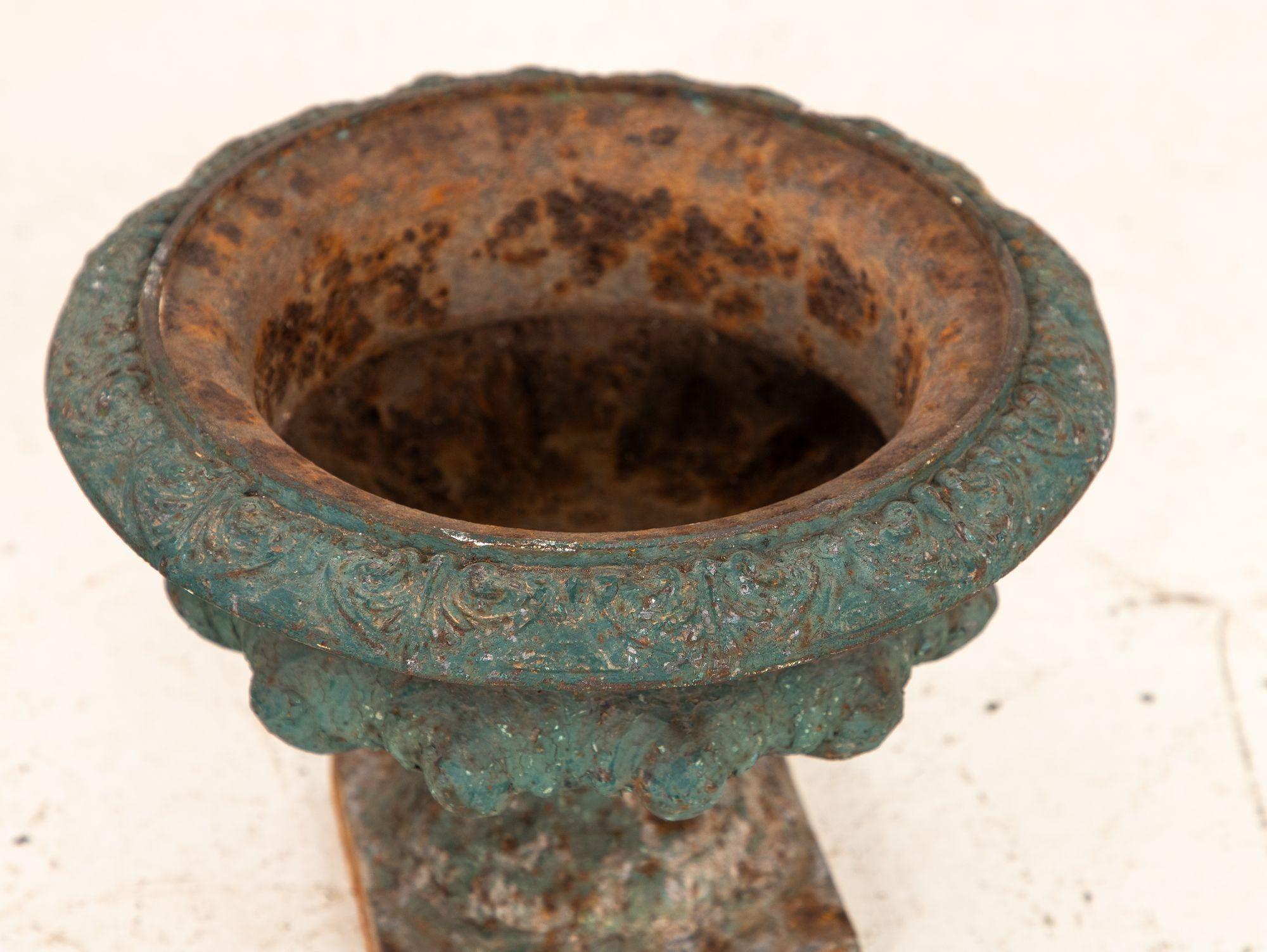 Pair Green Cast iron Urns, France Early 20th C. In Good Condition For Sale In South Salem, NY
