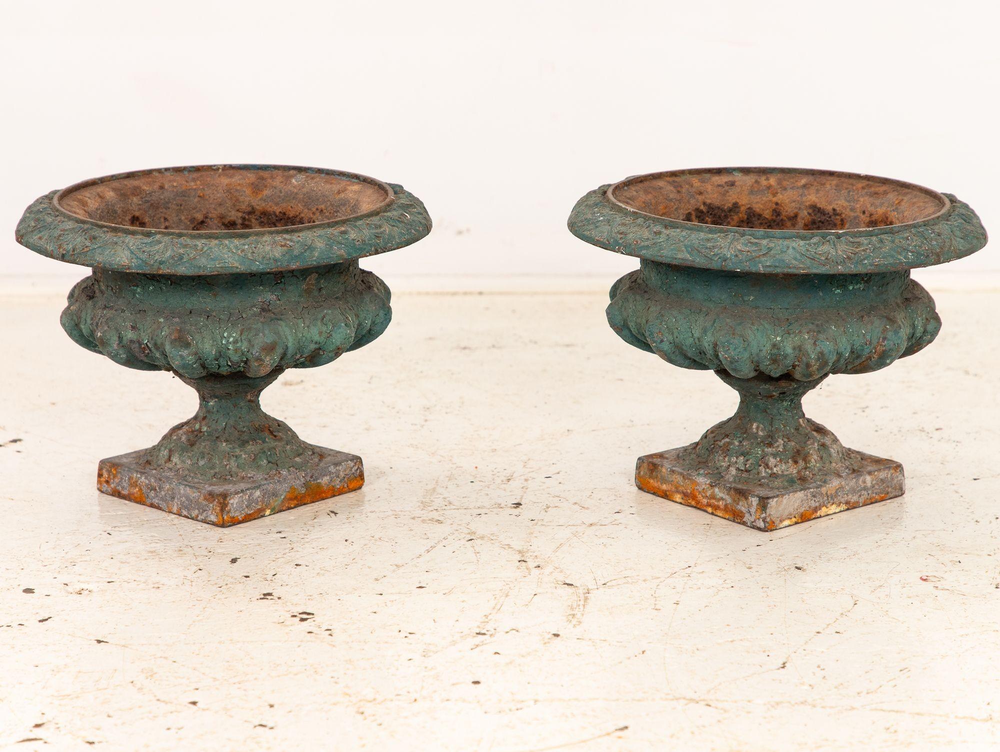 Iron Pair Green Cast iron Urns, France Early 20th C. For Sale