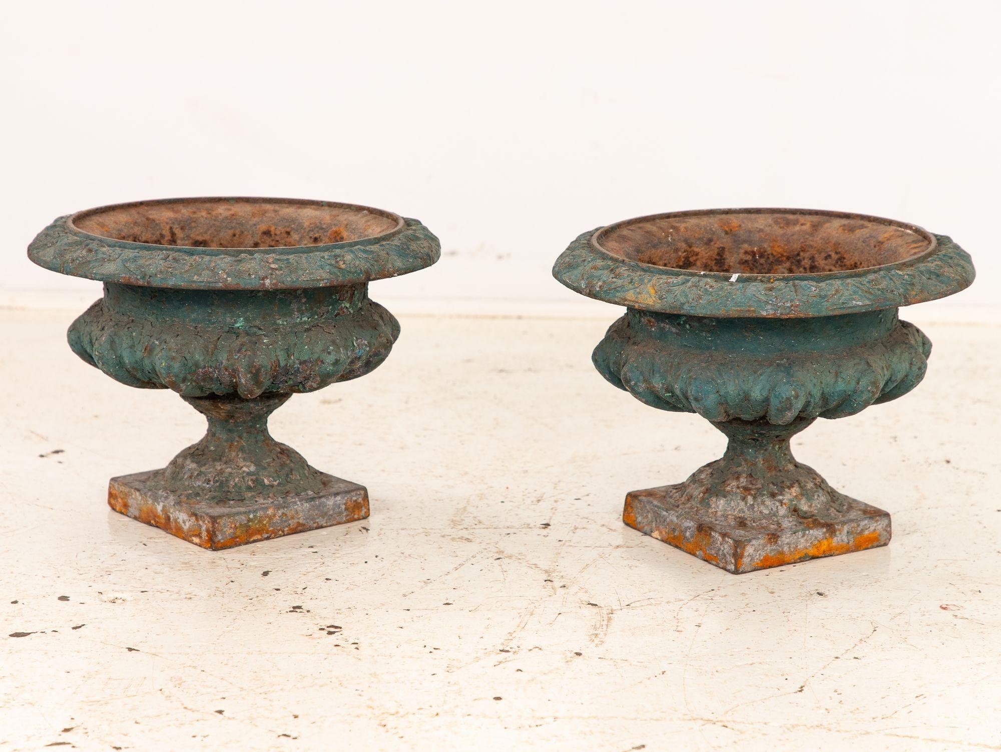 Pair Green Cast iron Urns, France Early 20th C. For Sale 3