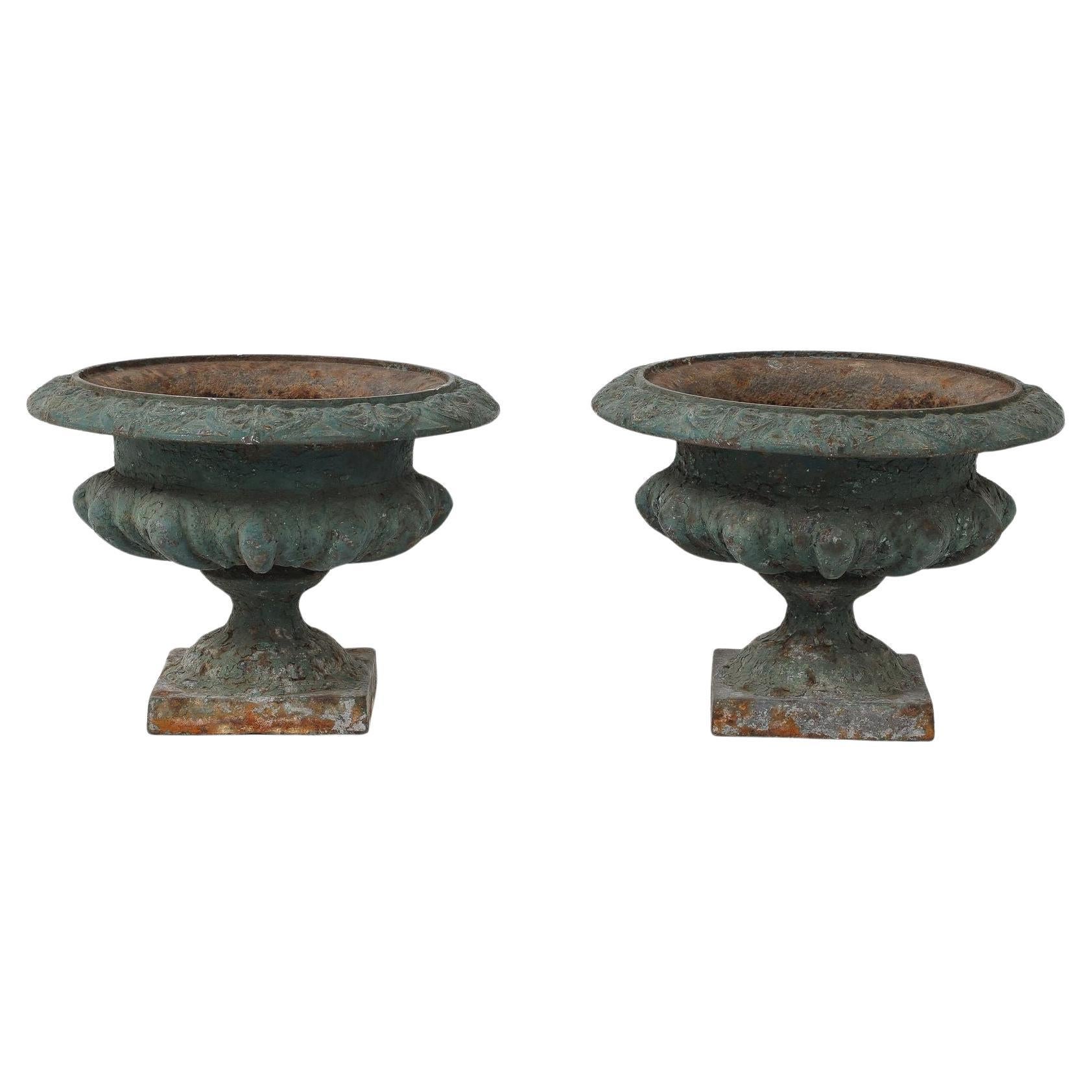 Pair Green Cast iron Urns, France Early 20th C.