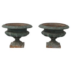 Pair Green Cast iron Urns, France Early 20th C.