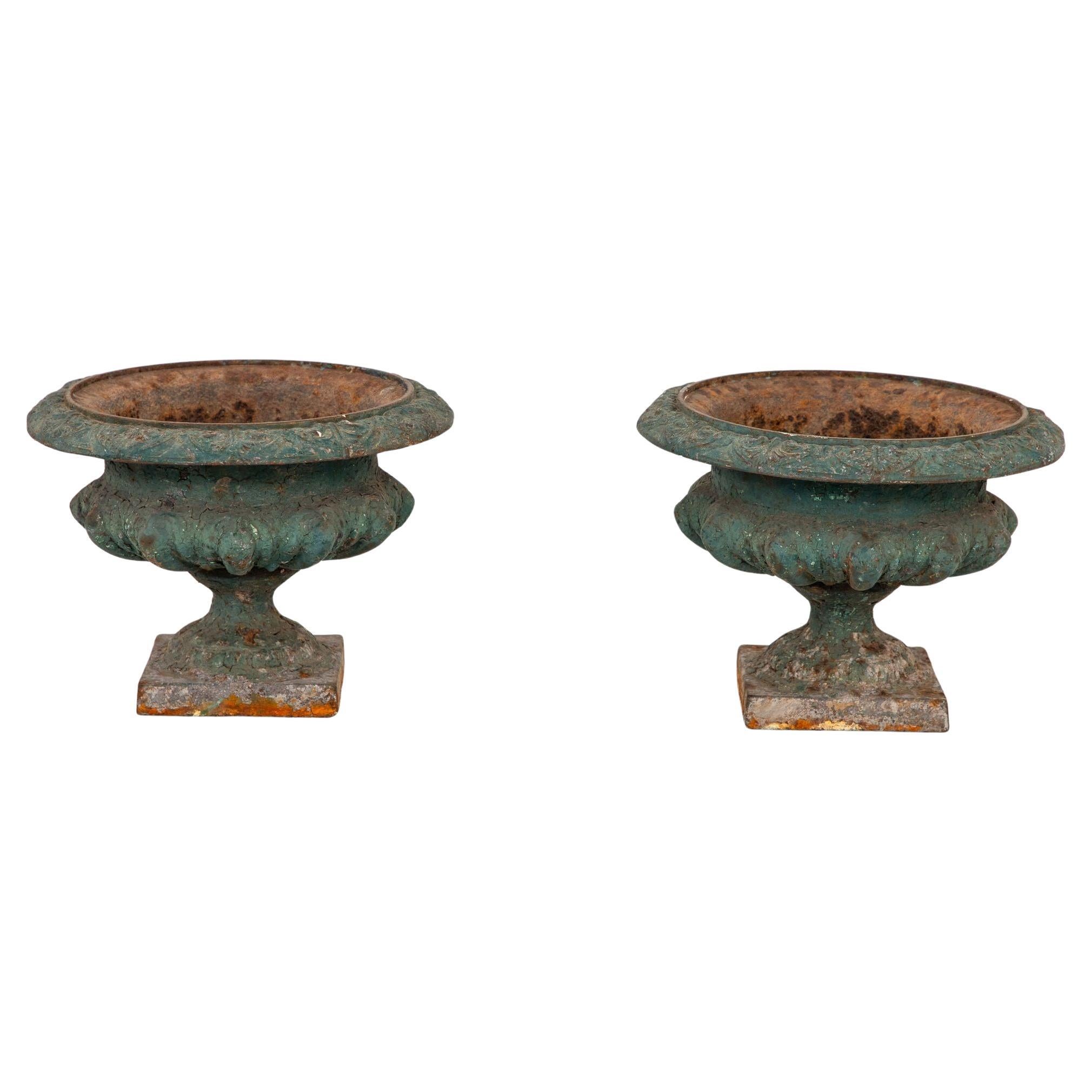 Pair Green Cast iron Urns, France Early 20th C.
