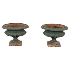 Pair Green Cast iron Urns, France Early 20th C.