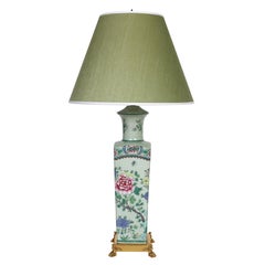 Pair Green Chinoserie Porcelain Lamps with Brass Feet