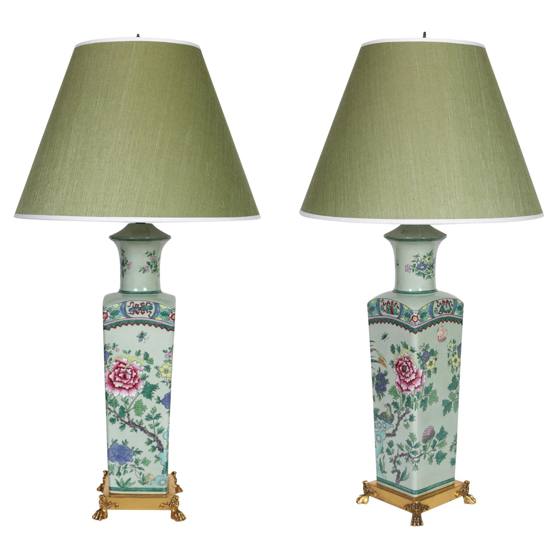 Pair Green Chinoserie Porcelain Lamps with Brass Feet