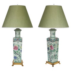 Vintage Pair Green Chinoserie Porcelain Lamps with Brass Feet