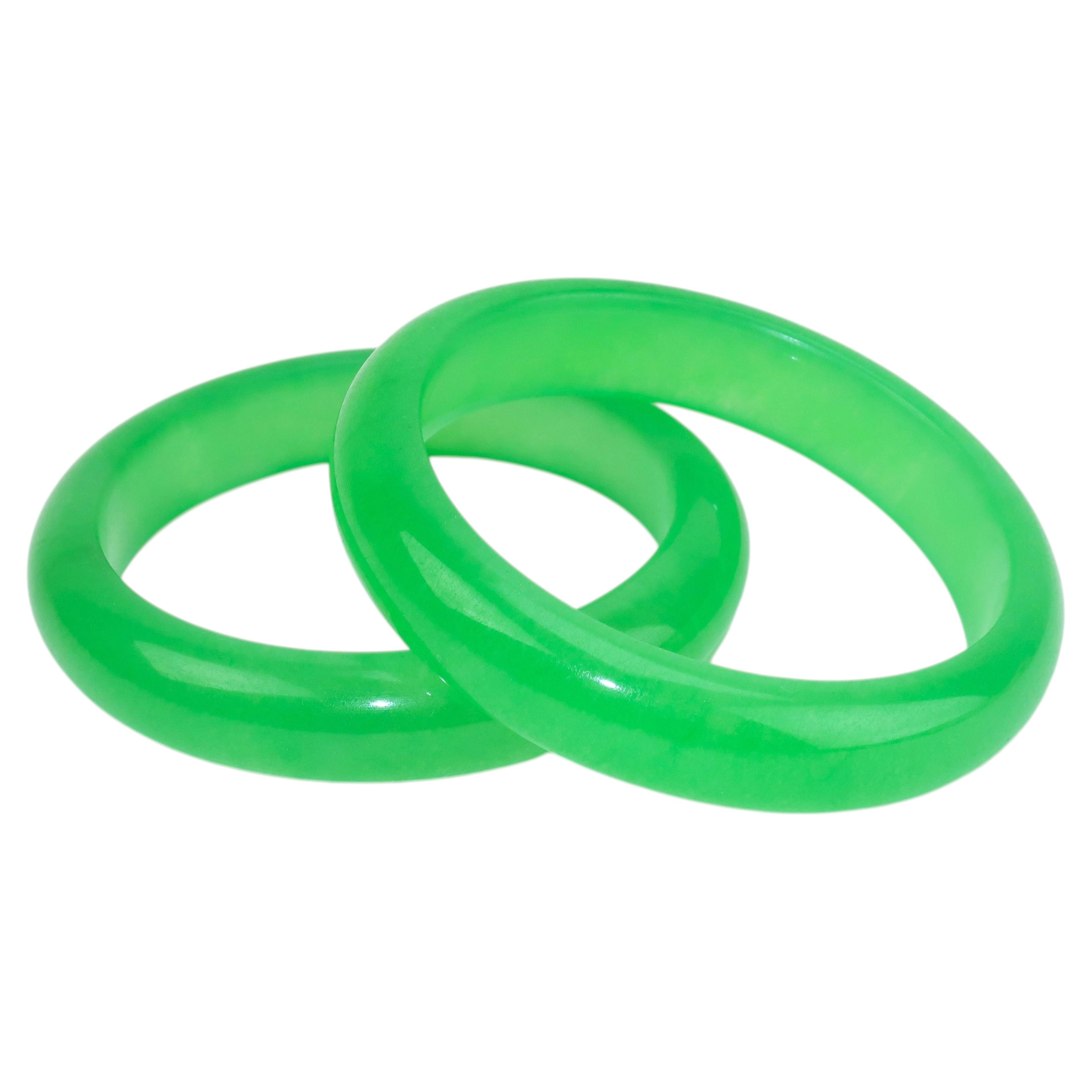 Pair Green Glass Jadeite Style Bangle Bracelets For Sale
