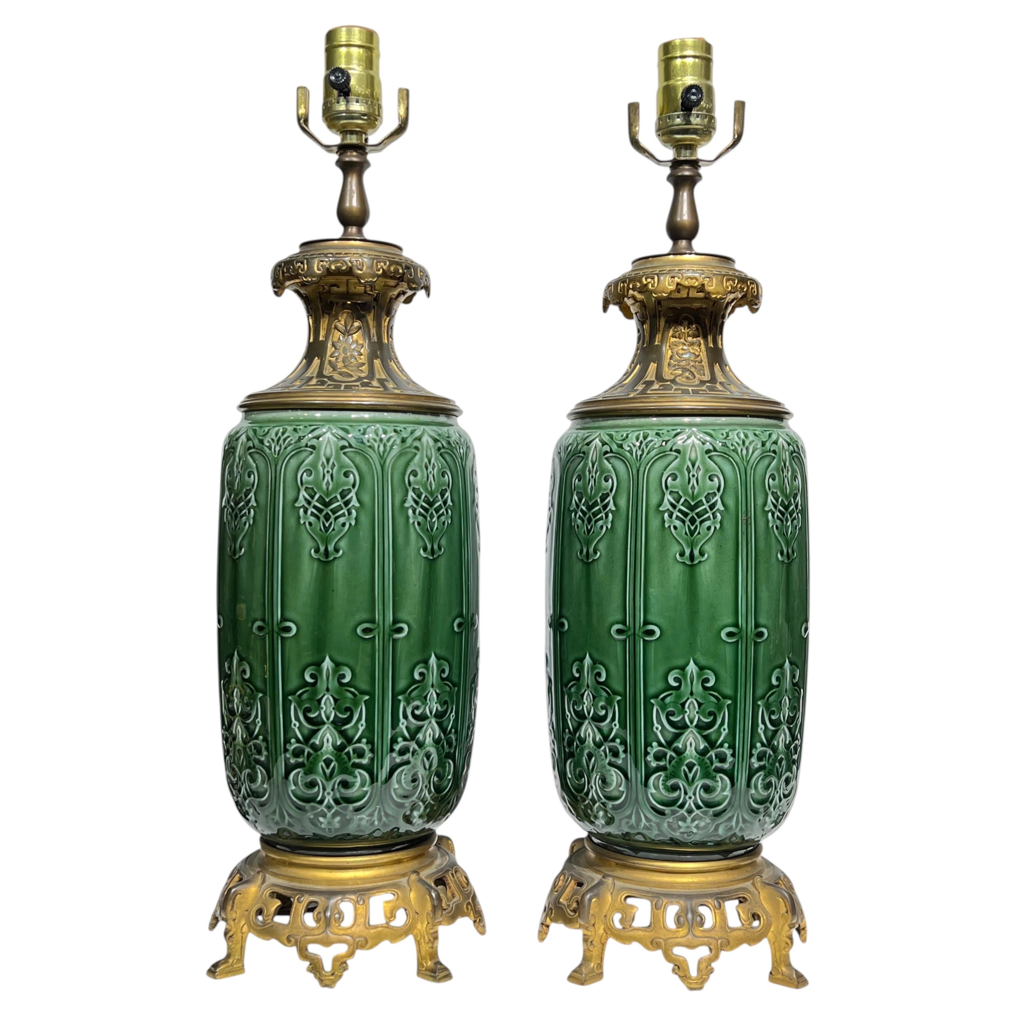Pair Green Glazed and Bronze Tables Lamps Attributed to Theodore Deck