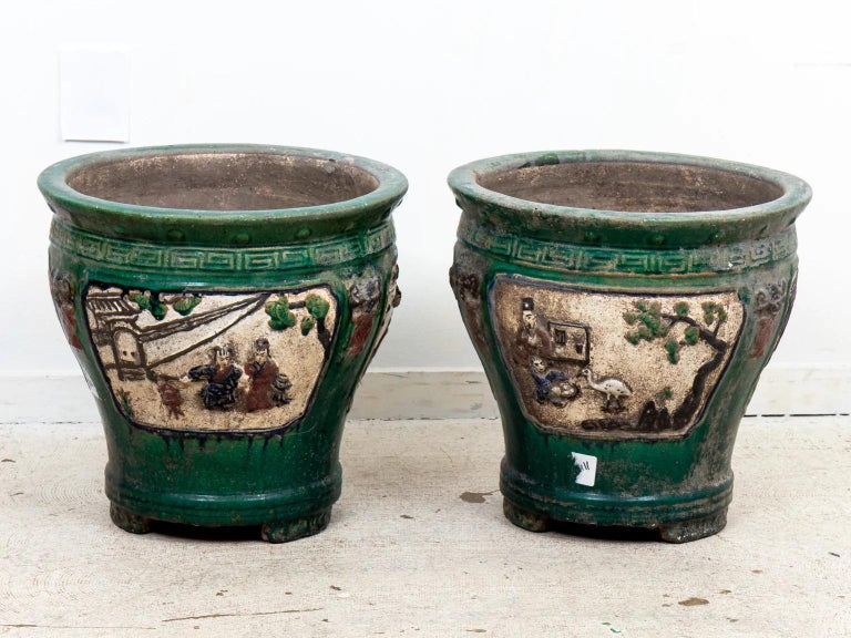 Pair Green Glazed Chinese Planters For Sale at 1stDibs