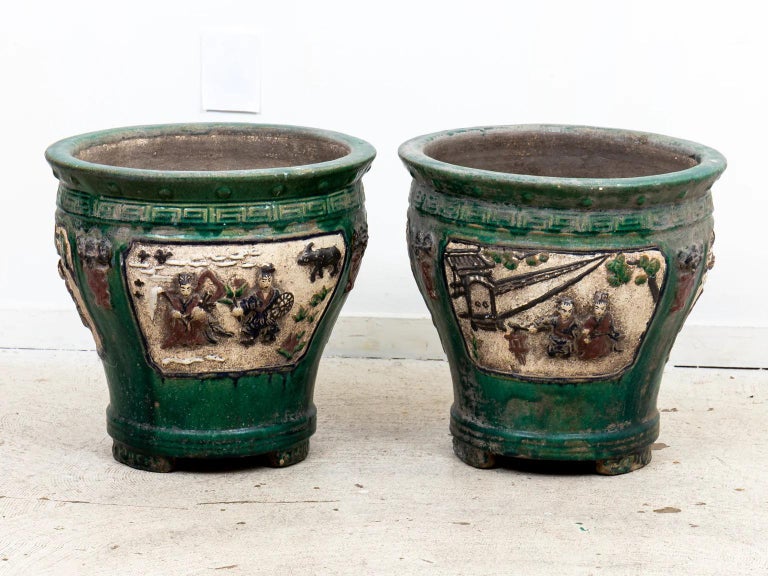 Pair Green Glazed Chinese Planters For Sale at 1stDibs