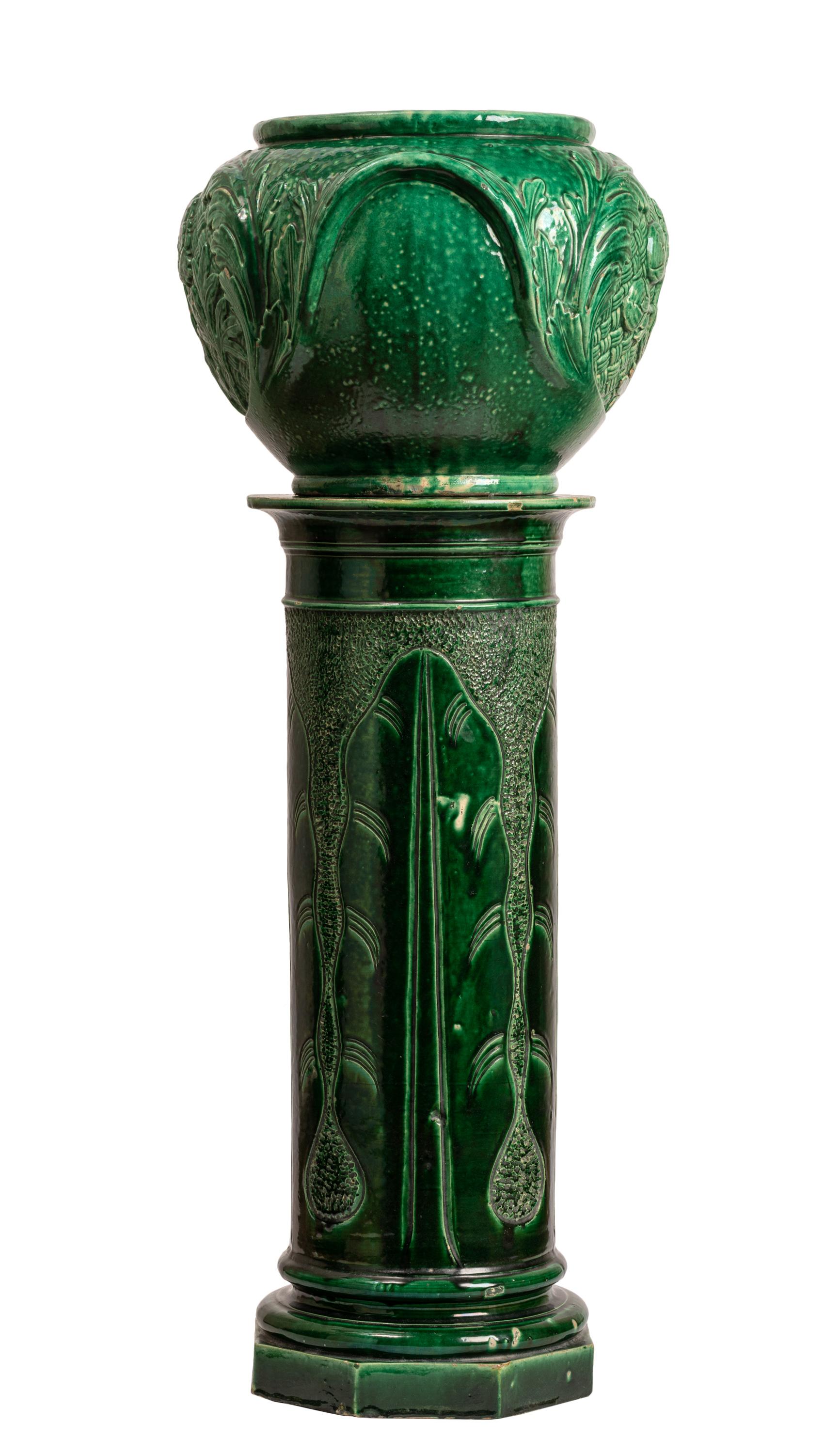 Pair Green Glazed Majolica Ceramic Jardinières with Pedestals, Indoor or Outdoor 3
