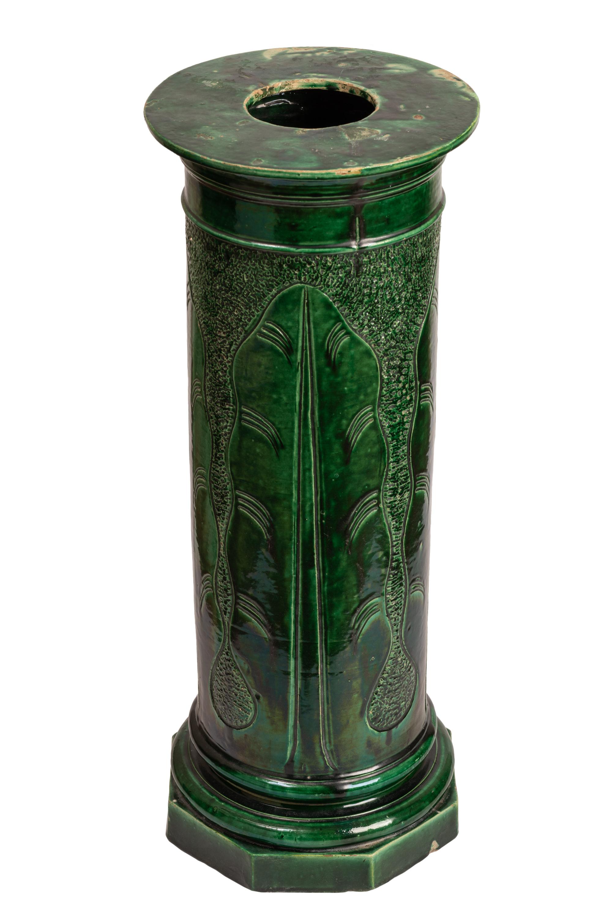 Pair Green Glazed Majolica Ceramic Jardinières with Pedestals, Indoor or Outdoor 5