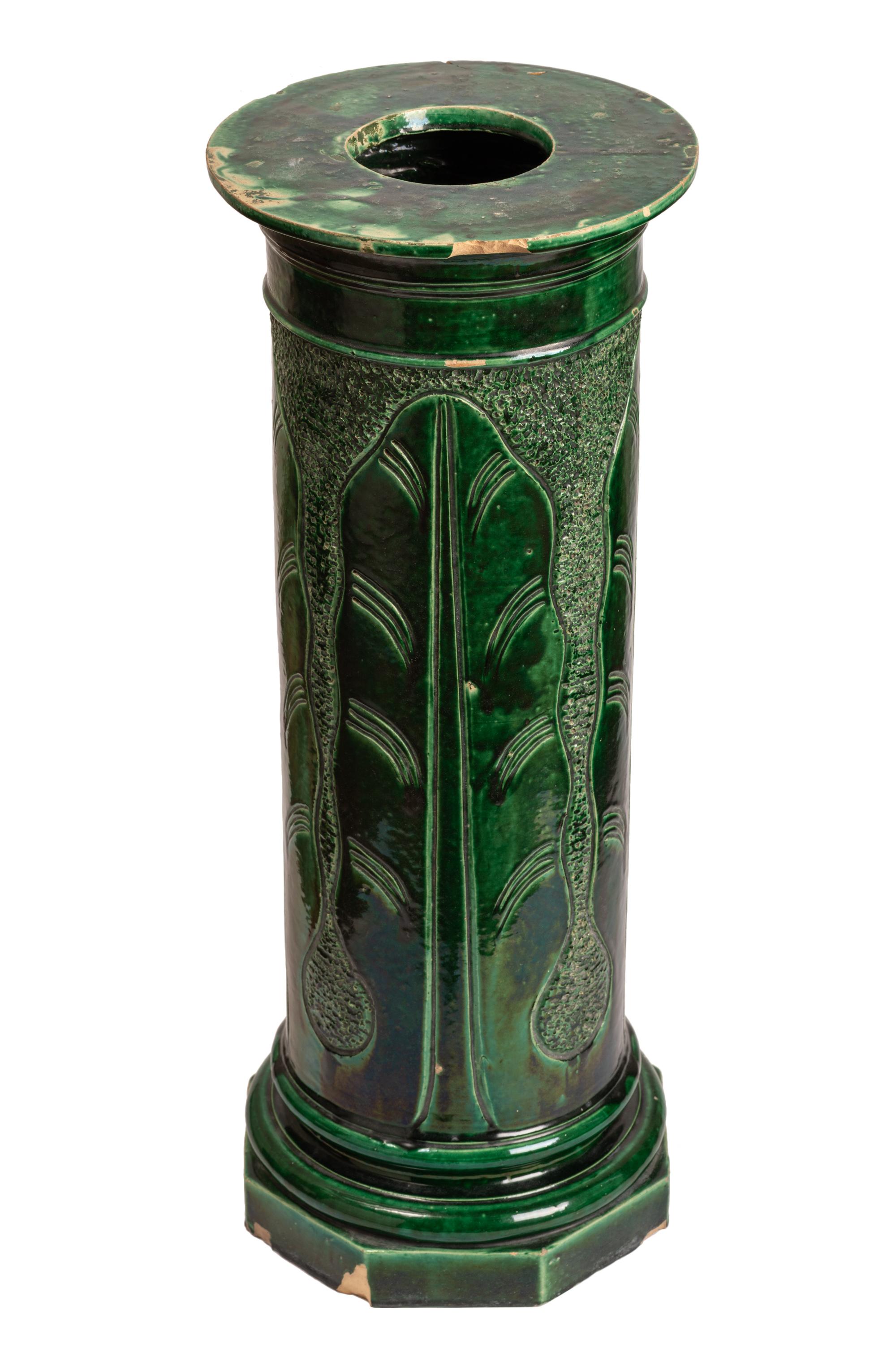 Pair Green Glazed Majolica Ceramic Jardinières with Pedestals, Indoor or Outdoor 6