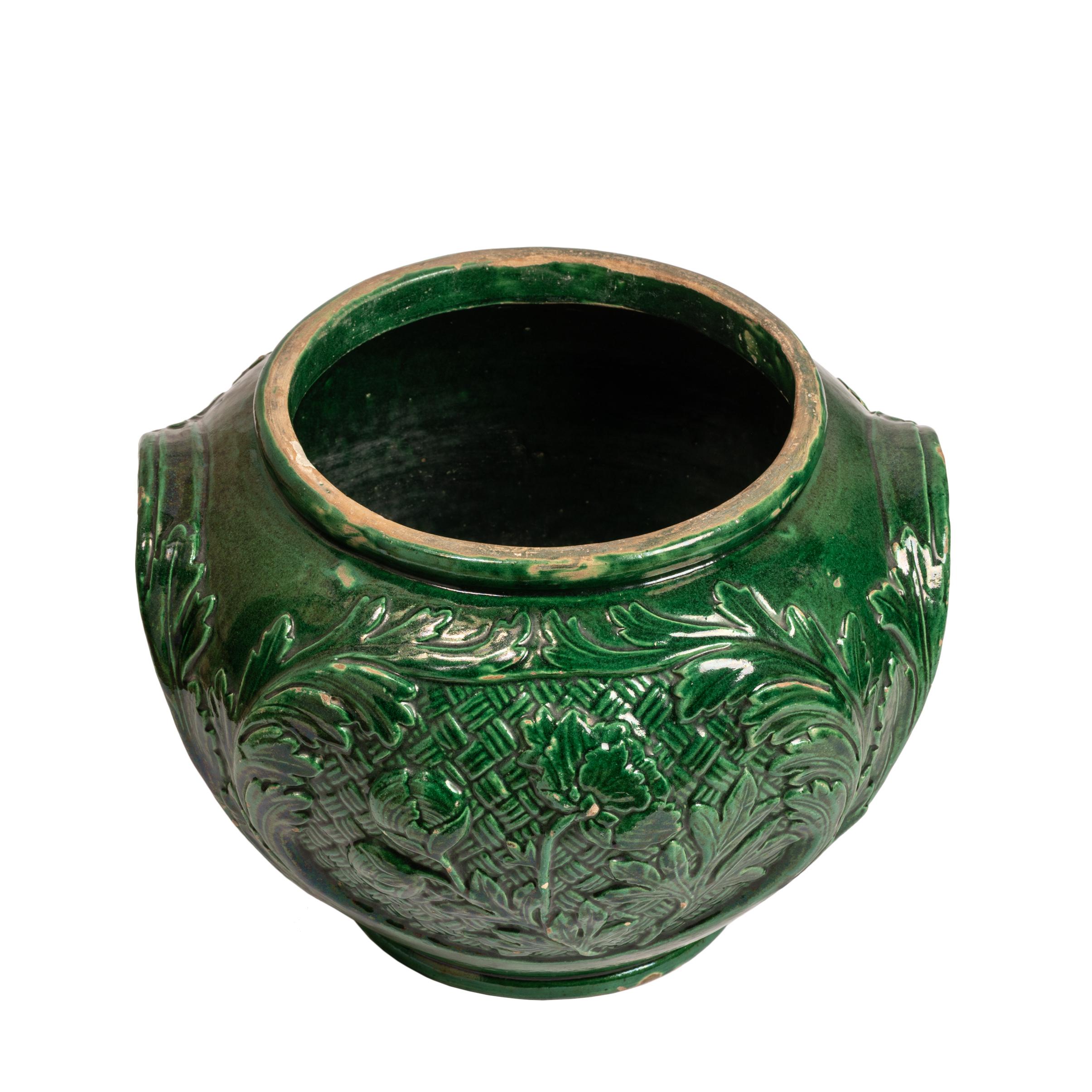 Pair Green Glazed Majolica Ceramic Jardinières with Pedestals, Indoor or Outdoor 7
