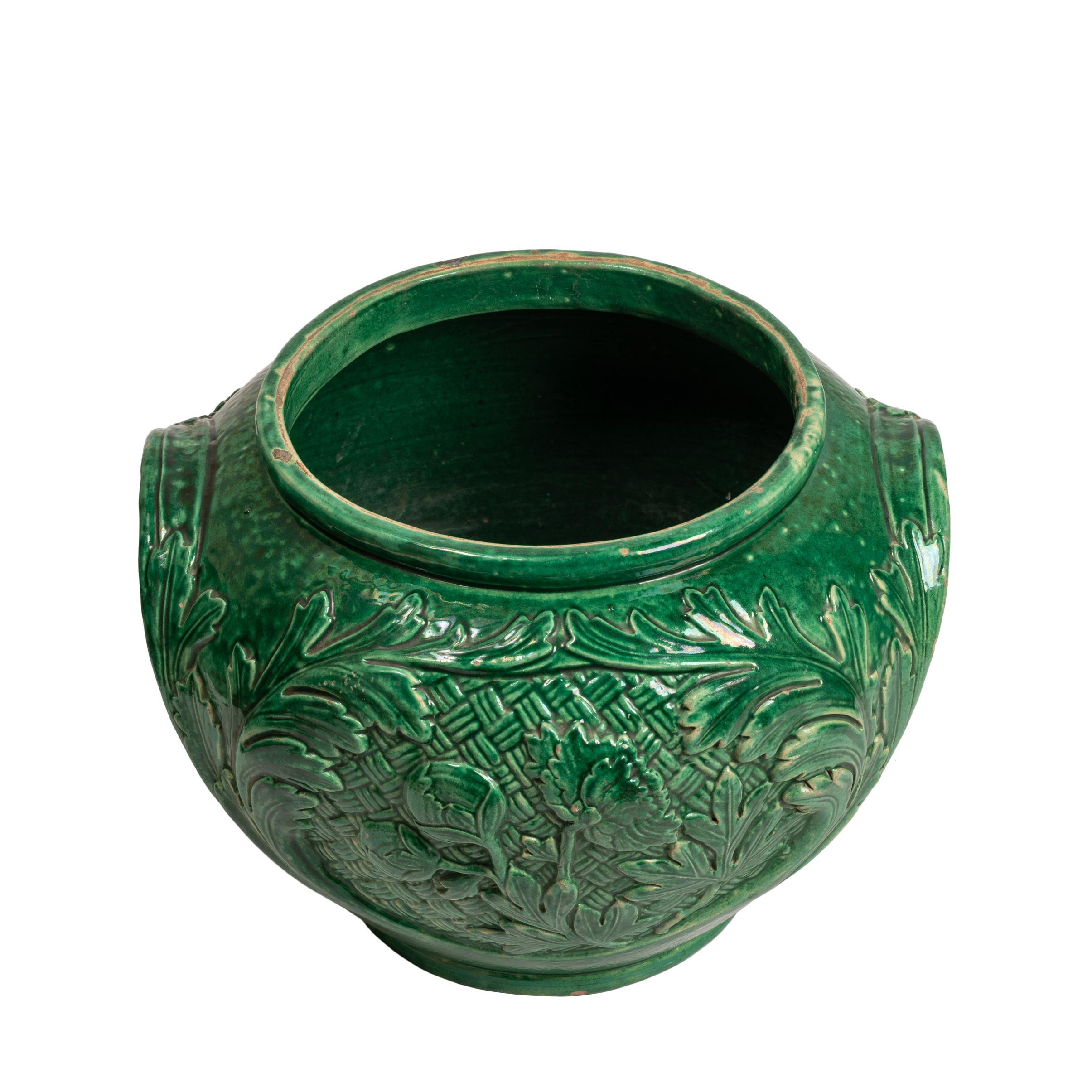 Pair Green Glazed Majolica Ceramic Jardinières with Pedestals, Indoor or Outdoor 8