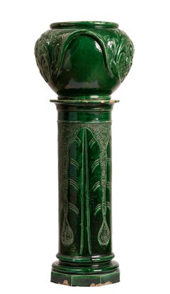 Pair Green Glazed Majolica Ceramic Jardinières with Pedestals, Indoor or Outdoor