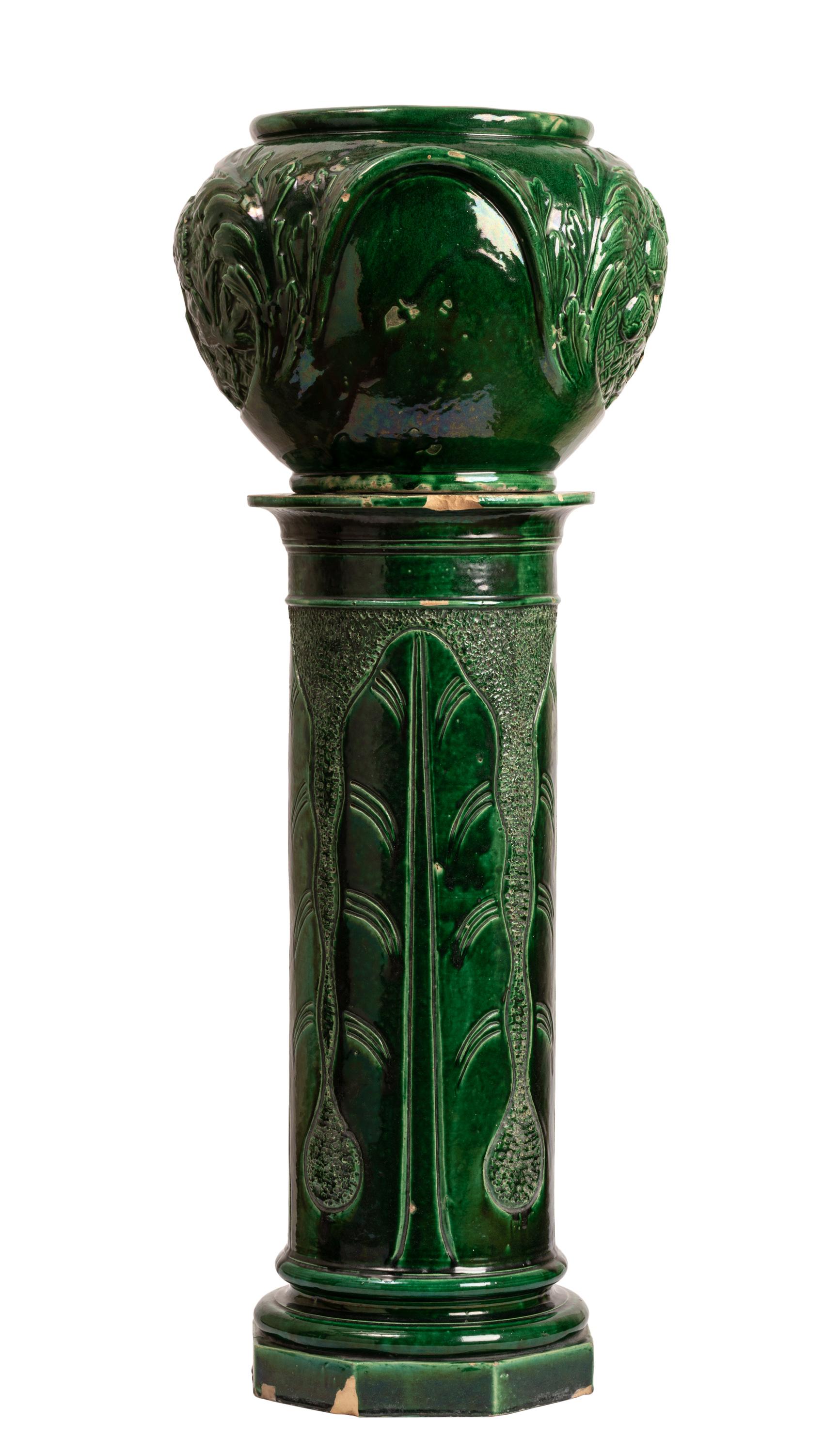 Art Nouveau Pair Green Glazed Majolica Ceramic Jardinières with Pedestals, Indoor or Outdoor