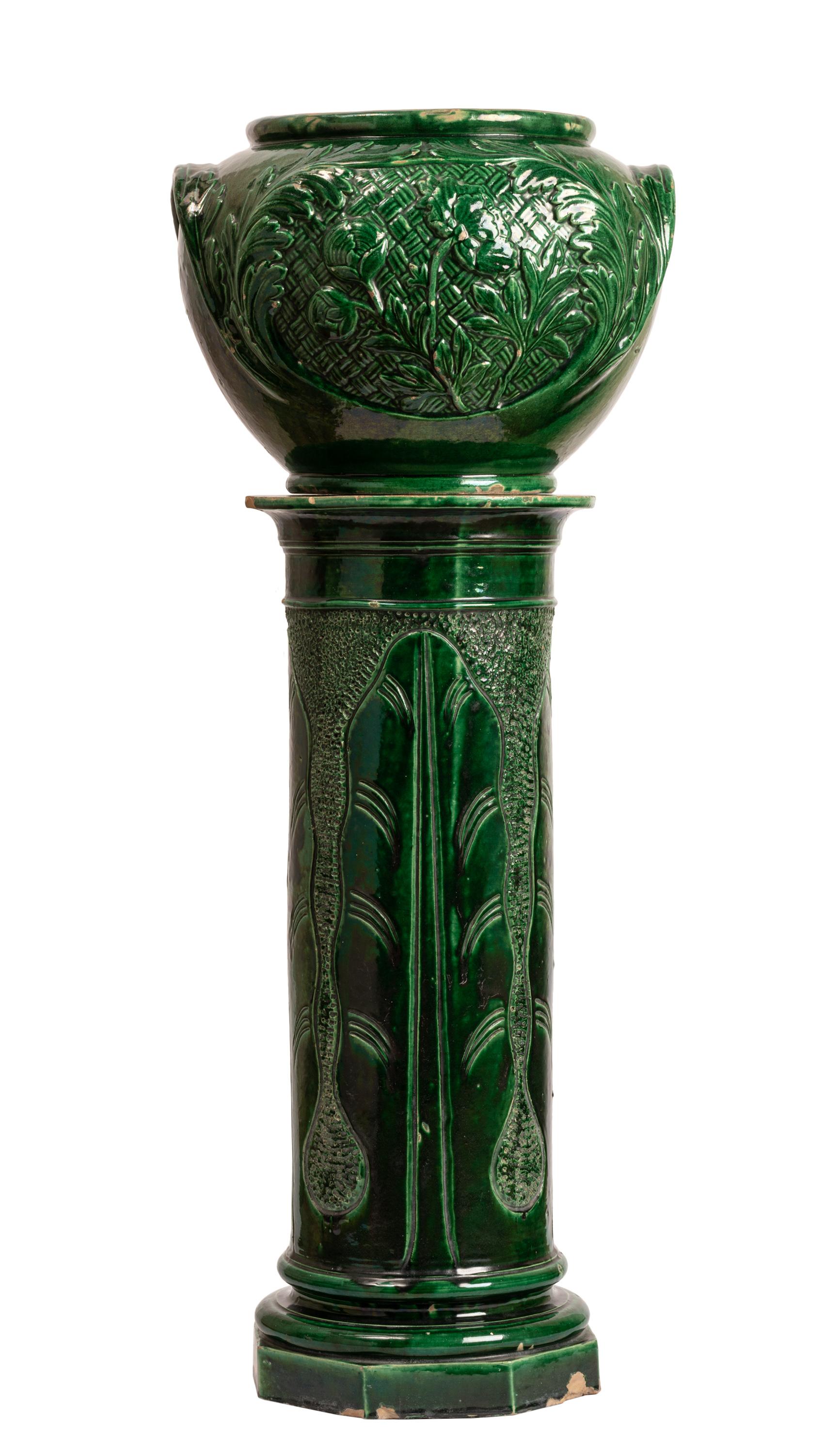 Spanish Pair Green Glazed Majolica Ceramic Jardinières with Pedestals, Indoor or Outdoor