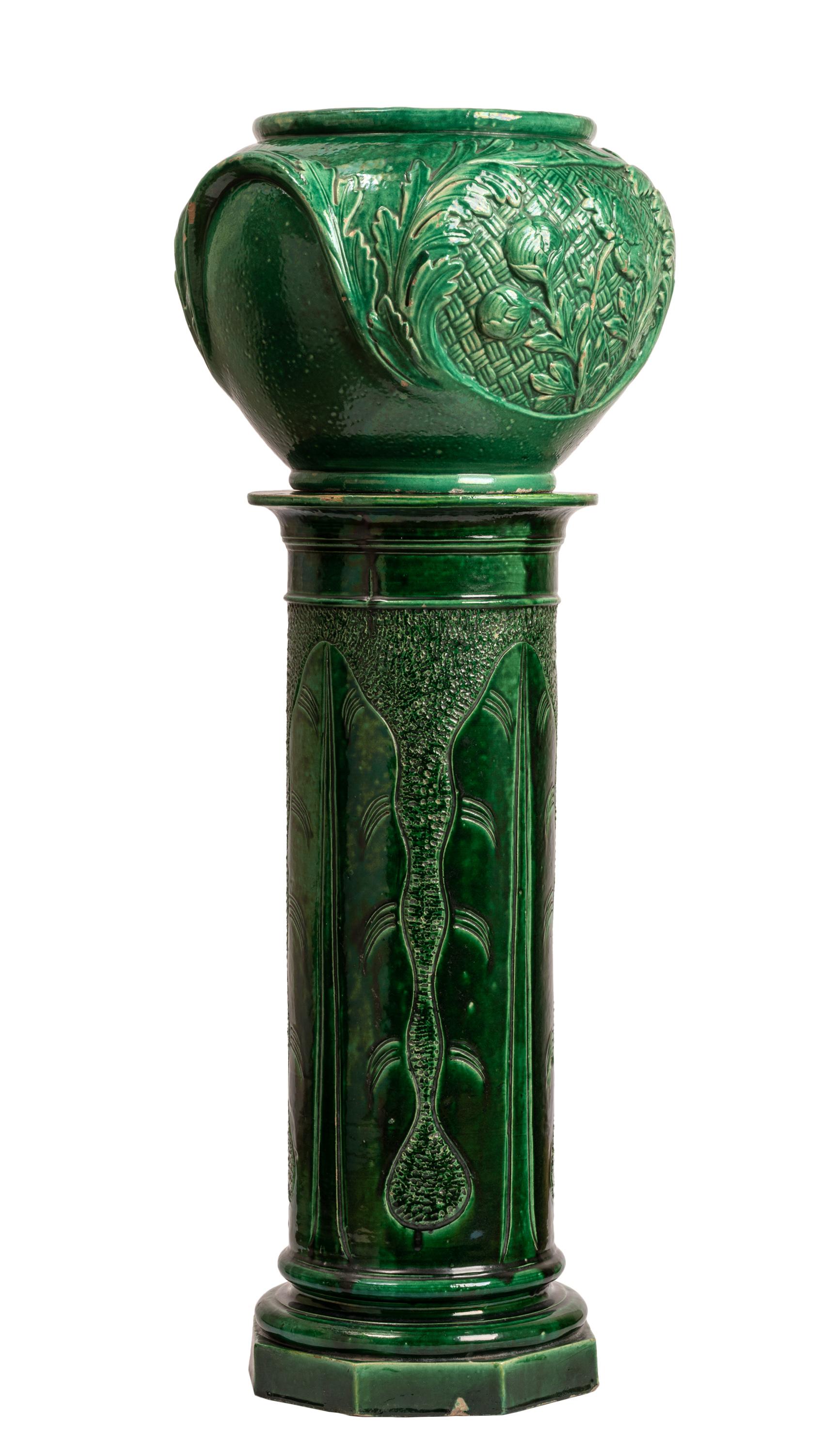 20th Century Pair Green Glazed Majolica Ceramic Jardinières with Pedestals, Indoor or Outdoor