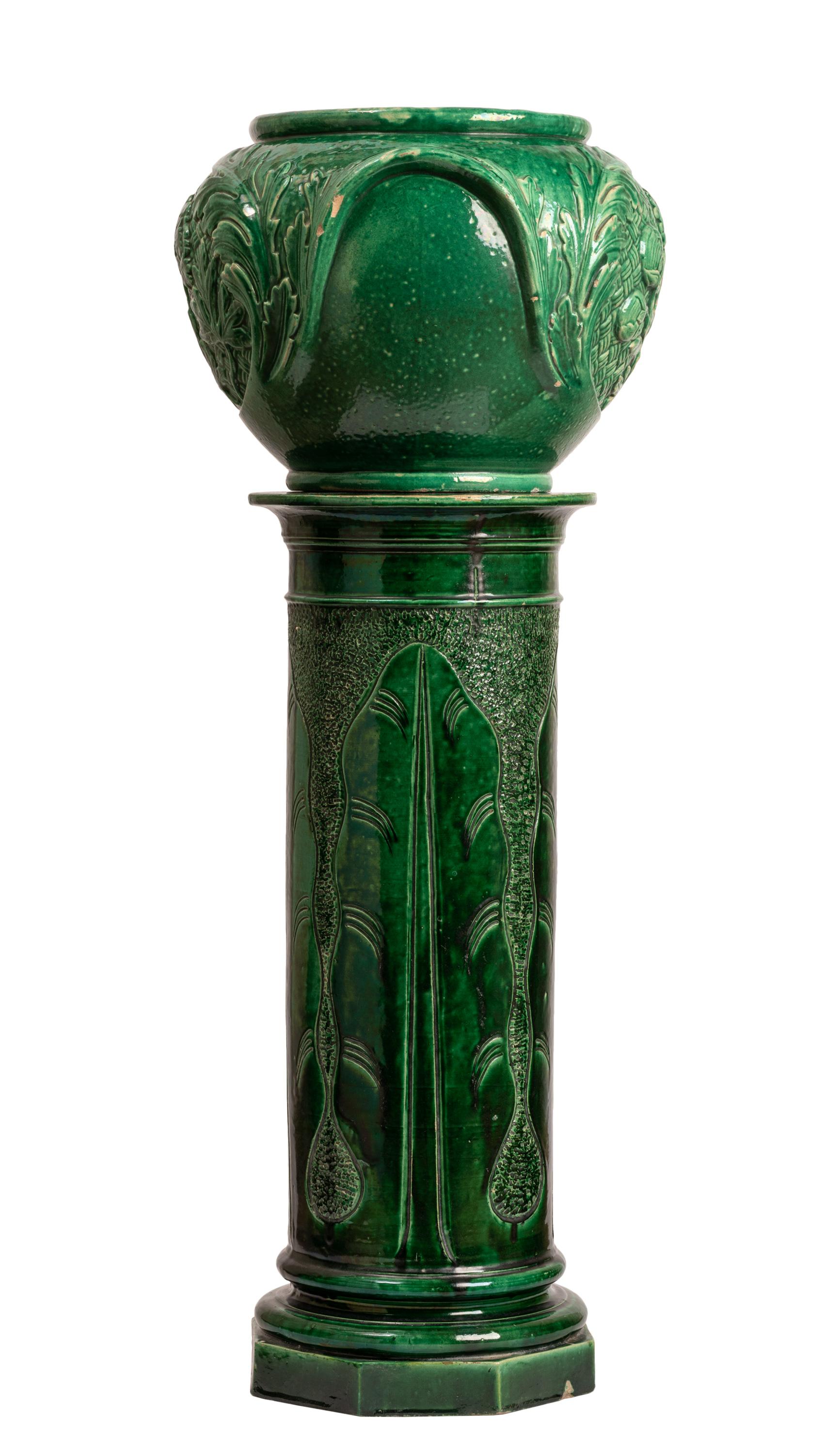 Pair Green Glazed Majolica Ceramic Jardinières with Pedestals, Indoor or Outdoor 1