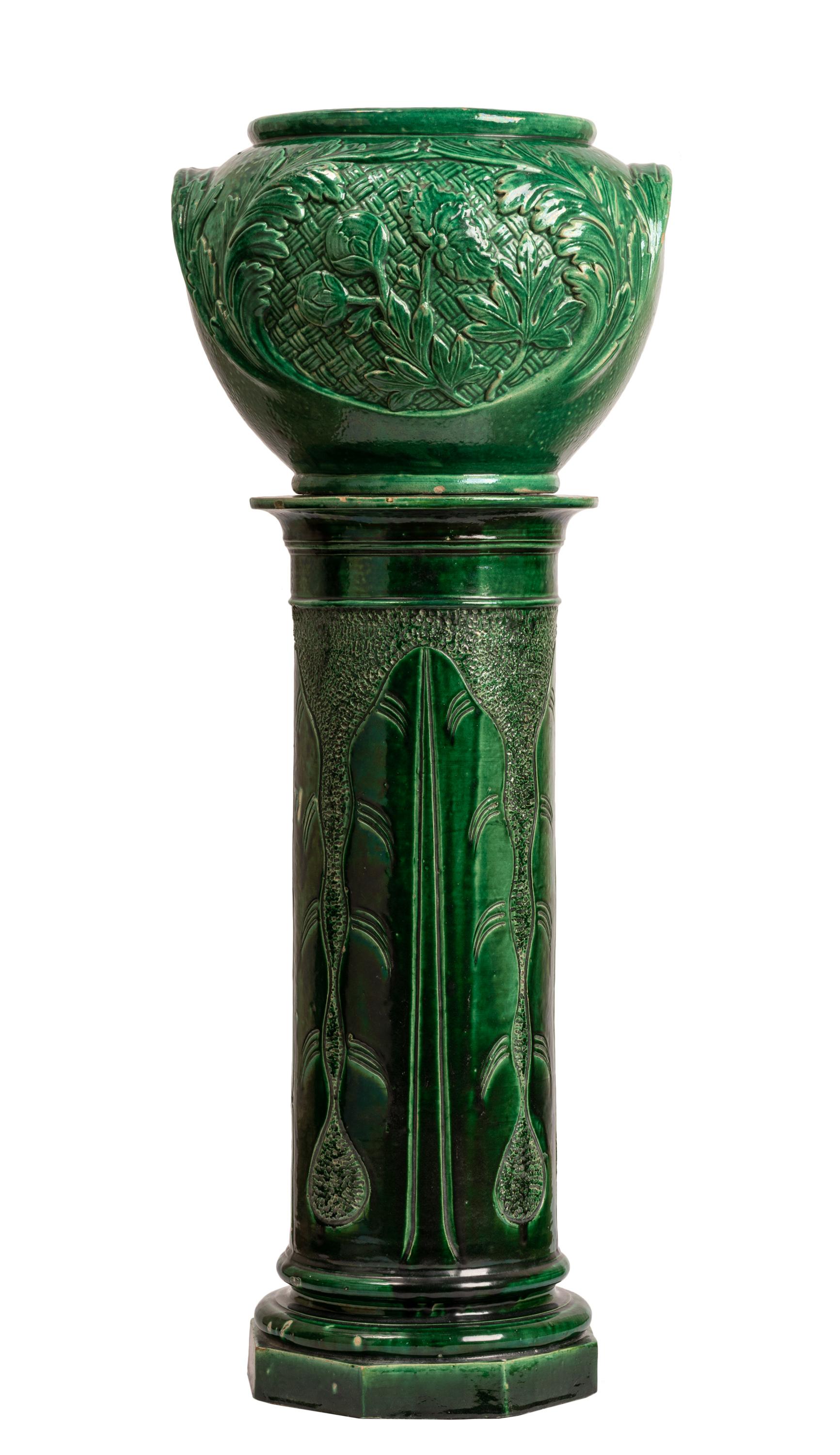 Pair Green Glazed Majolica Ceramic Jardinières with Pedestals, Indoor or Outdoor 2