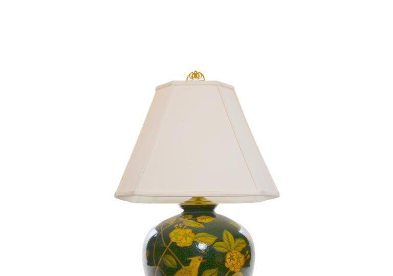 Pair Green Glazed Porcelain / Wood Base Vase Table Lamps For Sale at 1stDibs