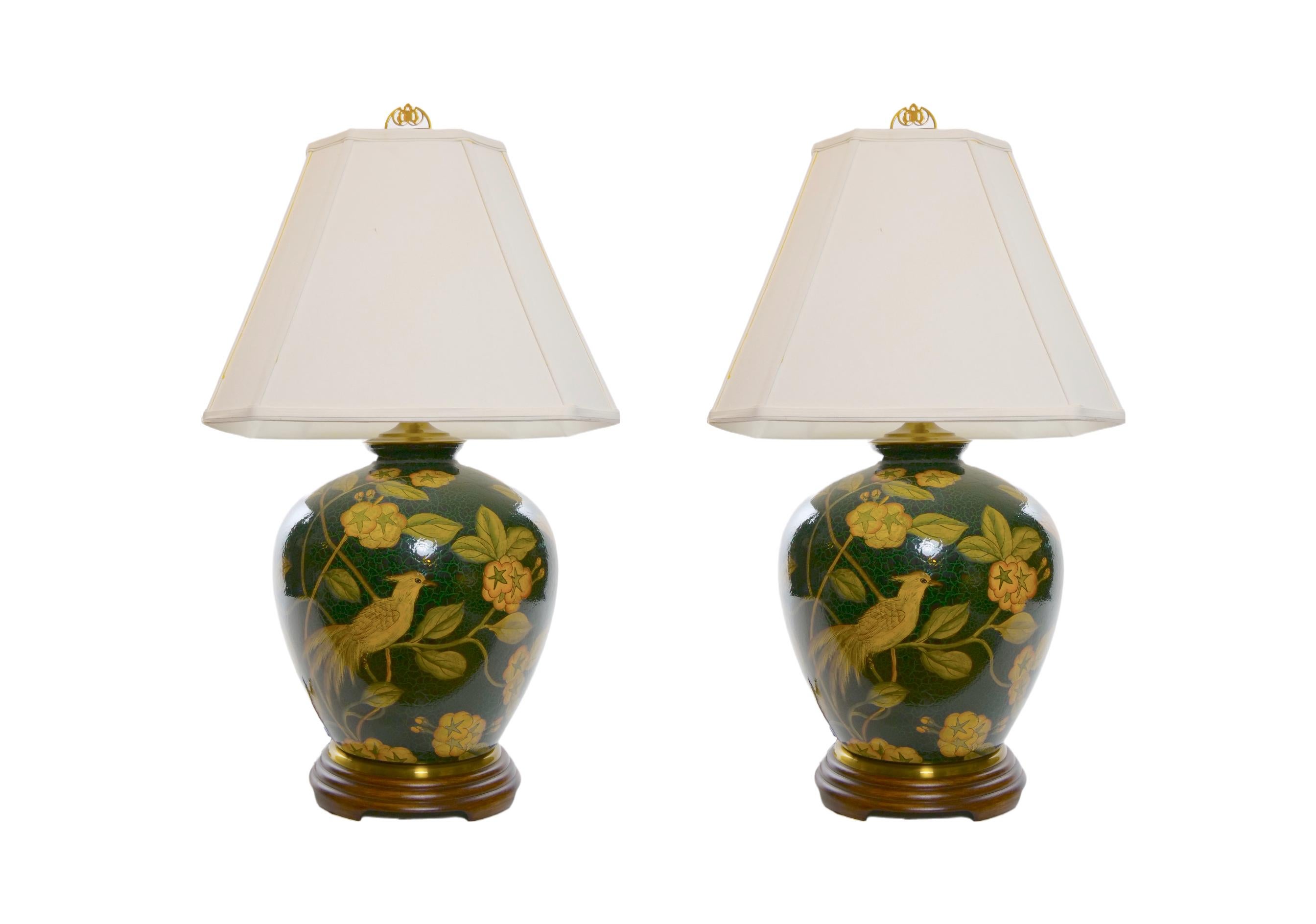 Pair Green Glazed Porcelain / Wood Base Vase Table Lamps 6