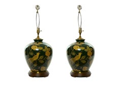 Pair Green Glazed Porcelain / Wood Base Vase Table Lamps