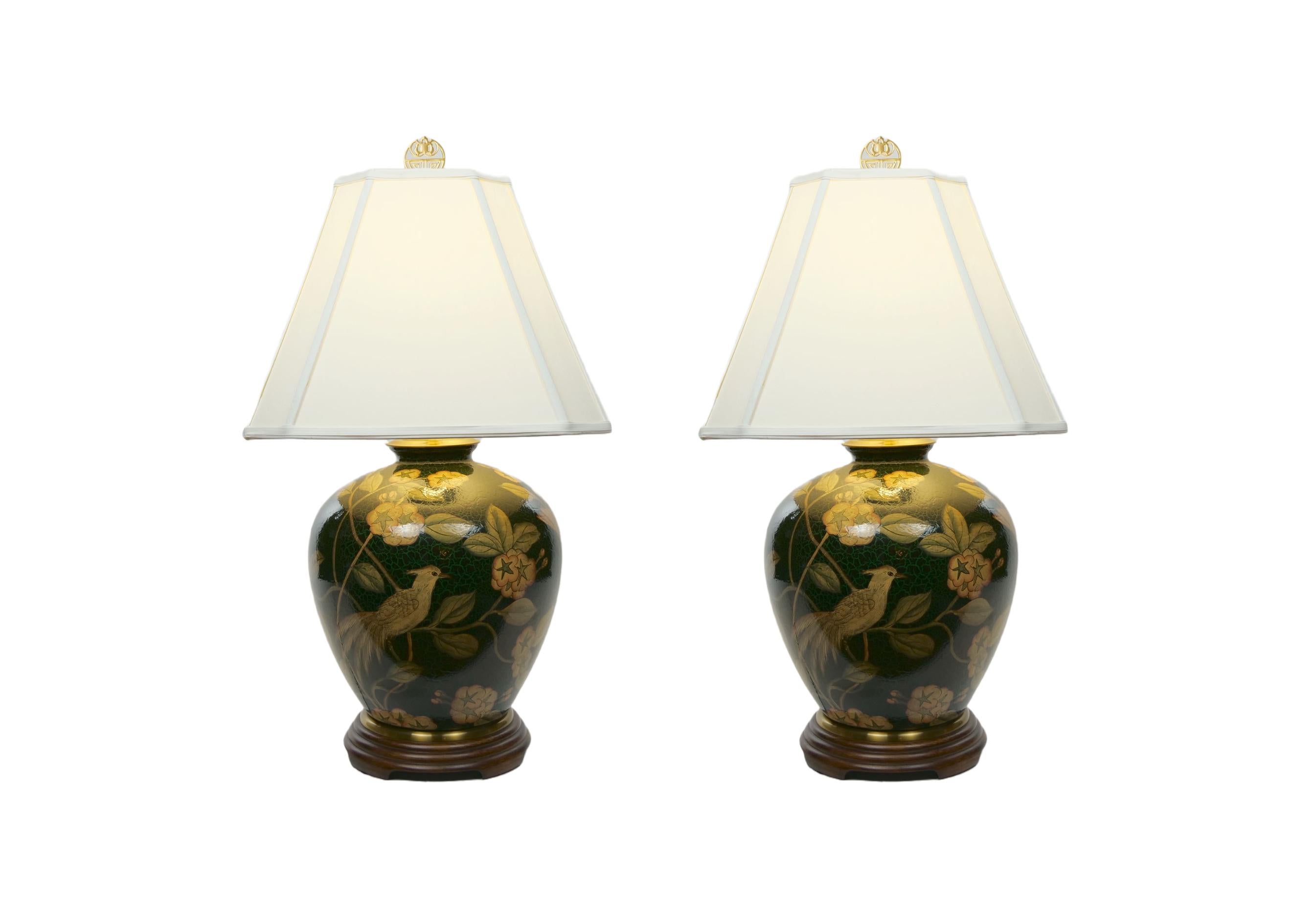 Country Pair Green Glazed Porcelain / Wood Base Vase Table Lamps