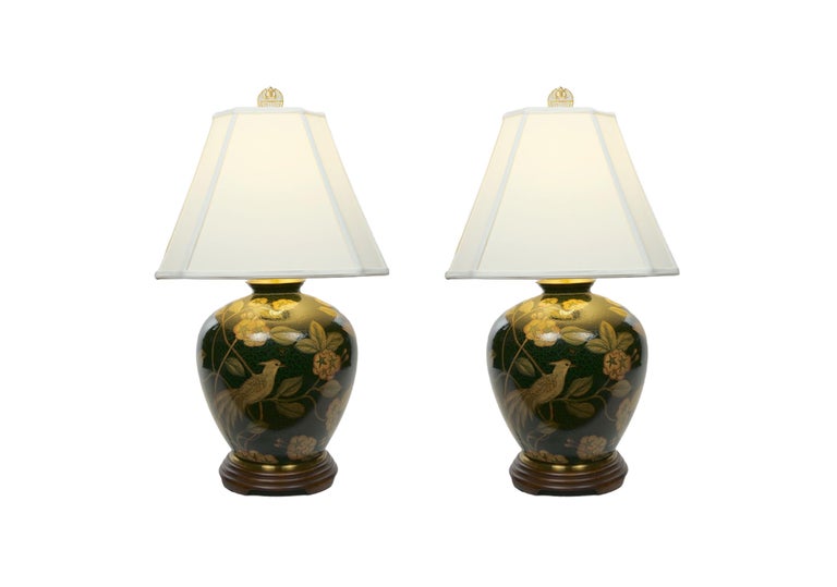 Pair Green Glazed Porcelain / Wood Base Vase Table Lamps For Sale at 1stDibs