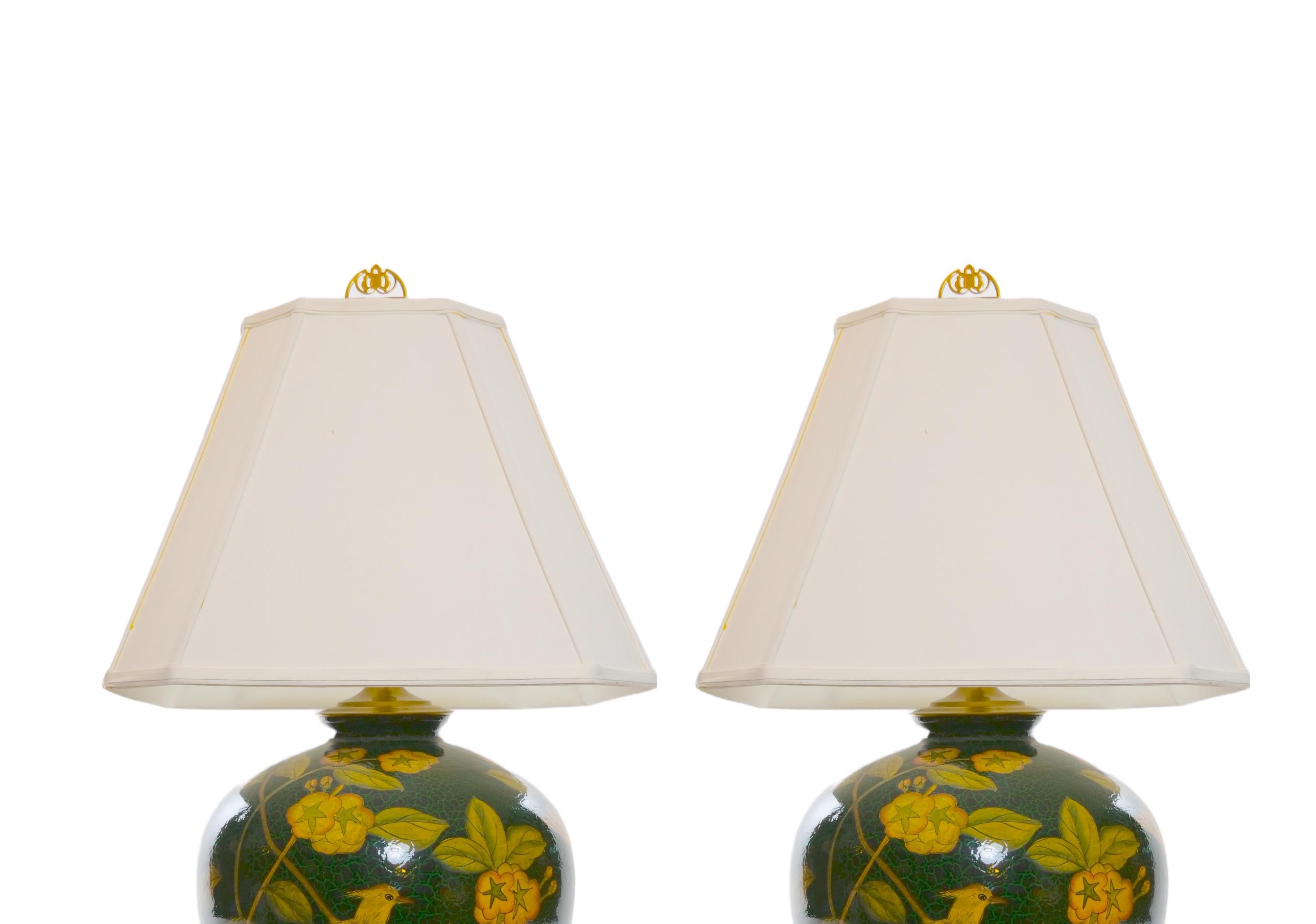 Italian Pair Green Glazed Porcelain / Wood Base Vase Table Lamps