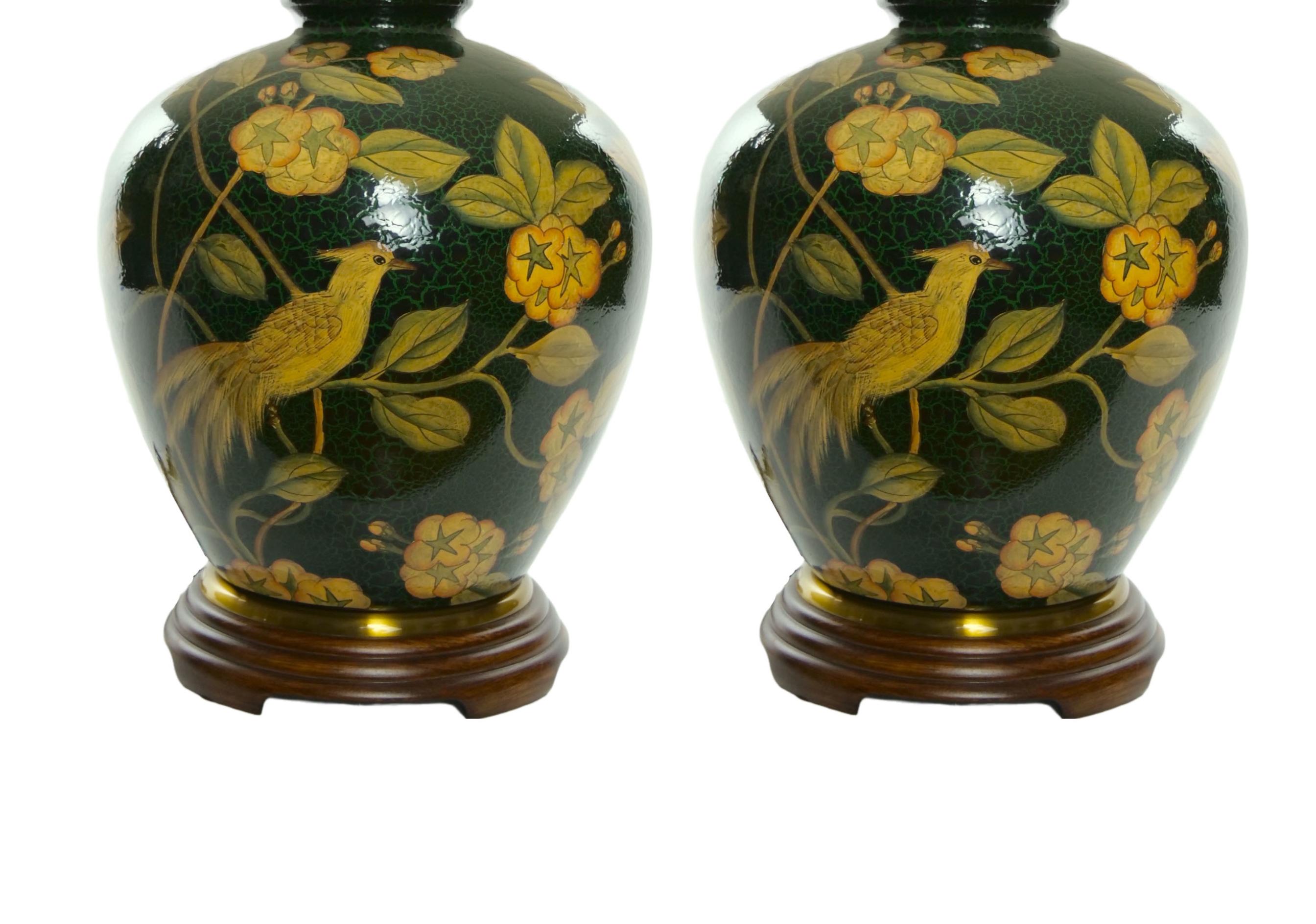 Hand-Crafted Pair Green Glazed Porcelain / Wood Base Vase Table Lamps