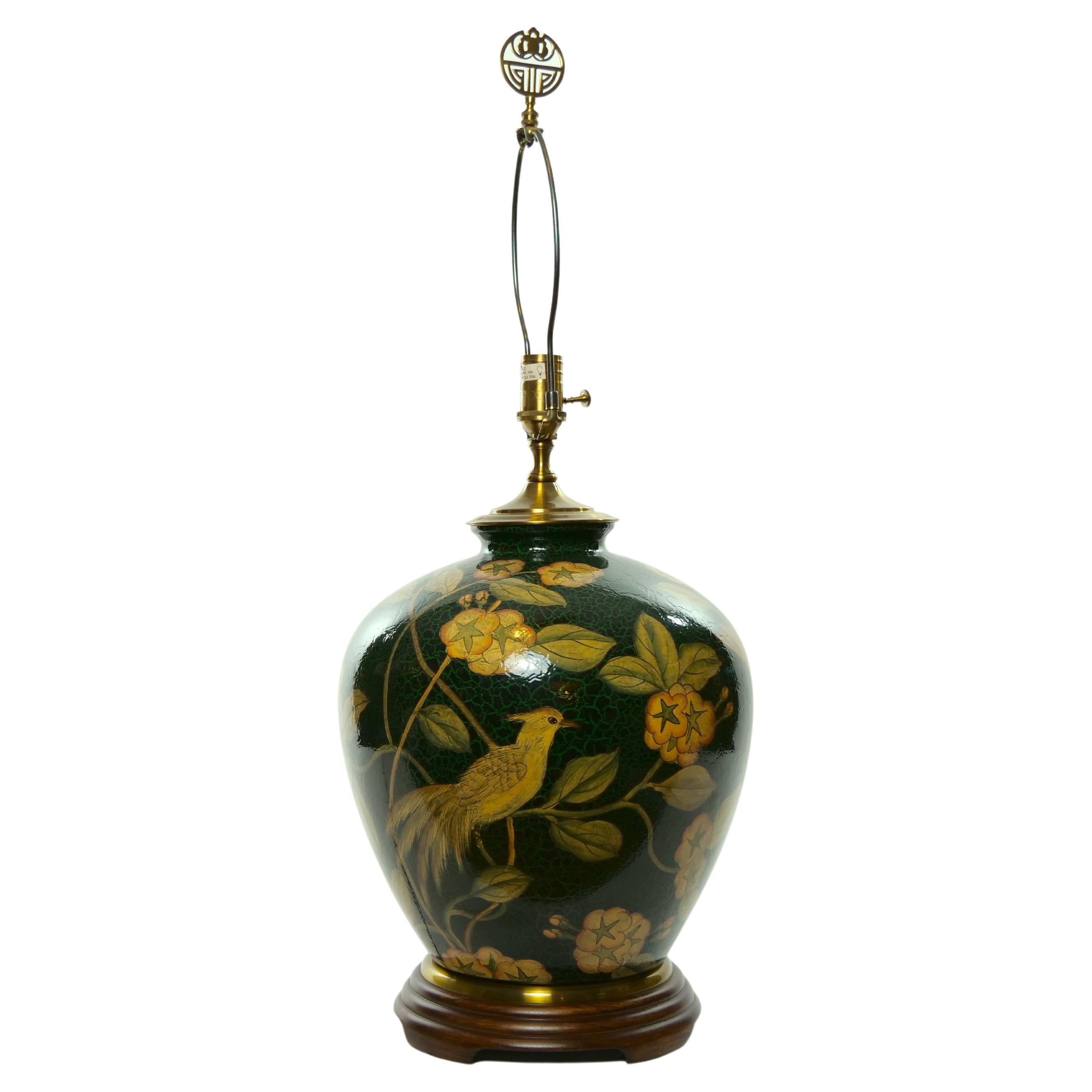 20th Century Pair Green Glazed Porcelain / Wood Base Vase Table Lamps