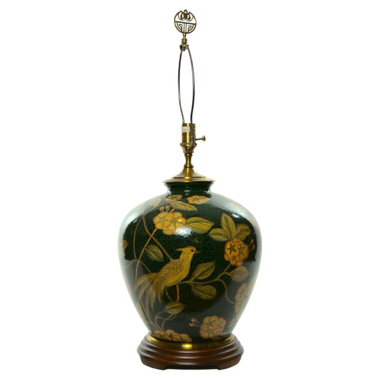 Pair Green Glazed Porcelain / Wood Base Vase Table Lamps For Sale at 1stDibs