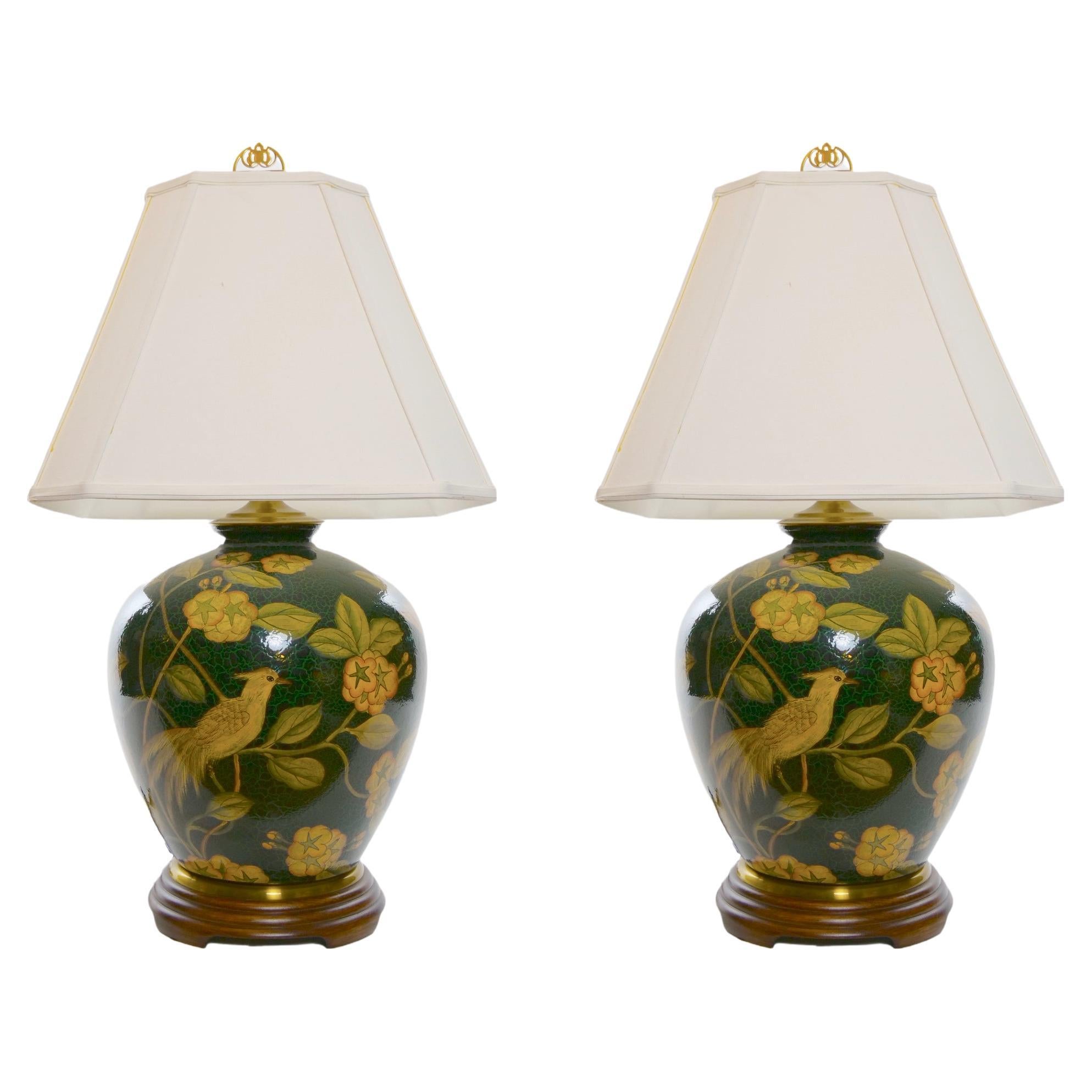 Pair Green Glazed Porcelain / Wood Base Vase Table Lamps