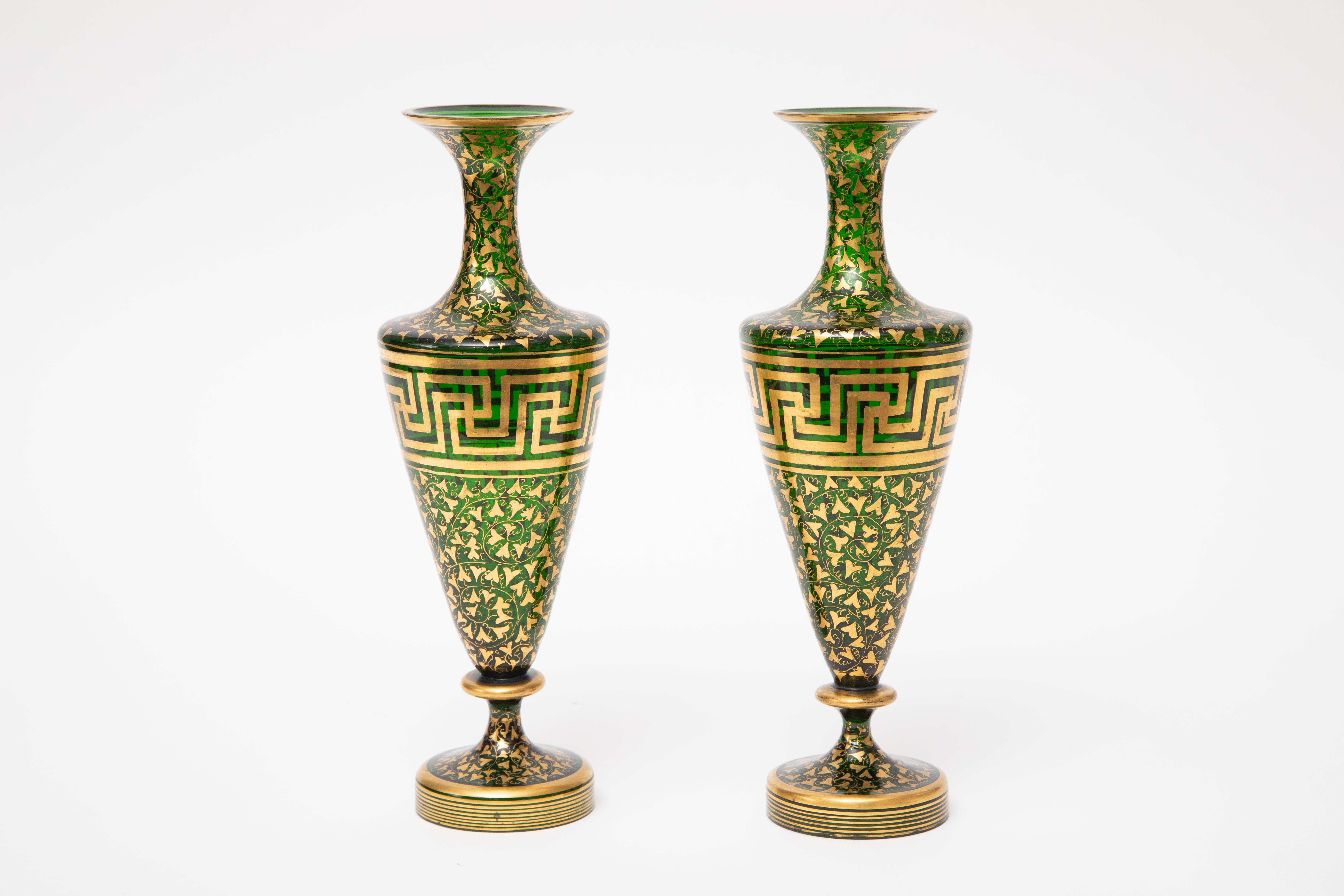 Pair Green Gold 19th Century Crystal Vases, Greek Key Design Attributed Moser For Sale 4