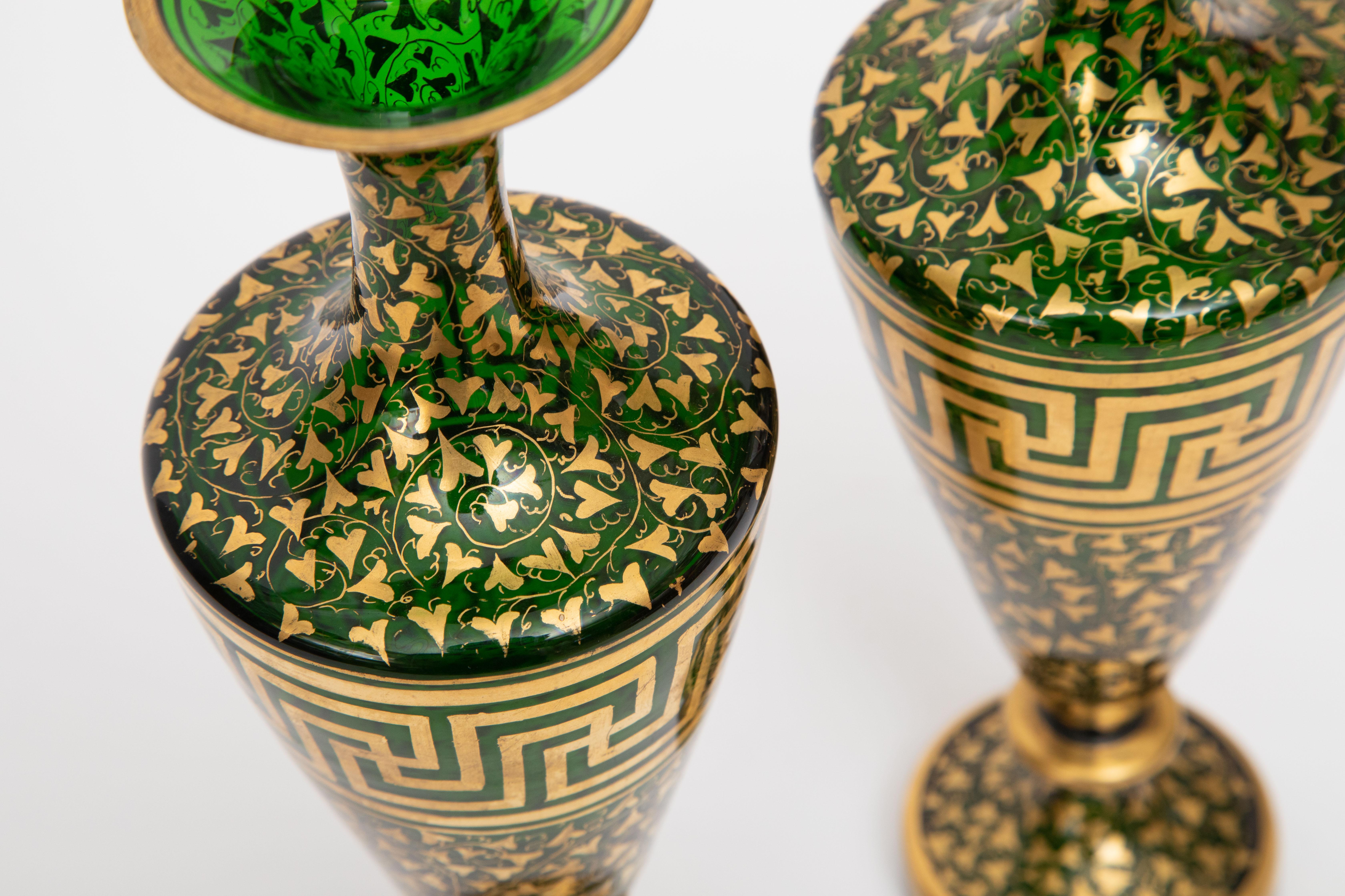 Hand-Crafted Pair Green Gold 19th Century Crystal Vases, Greek Key Design Attributed Moser For Sale