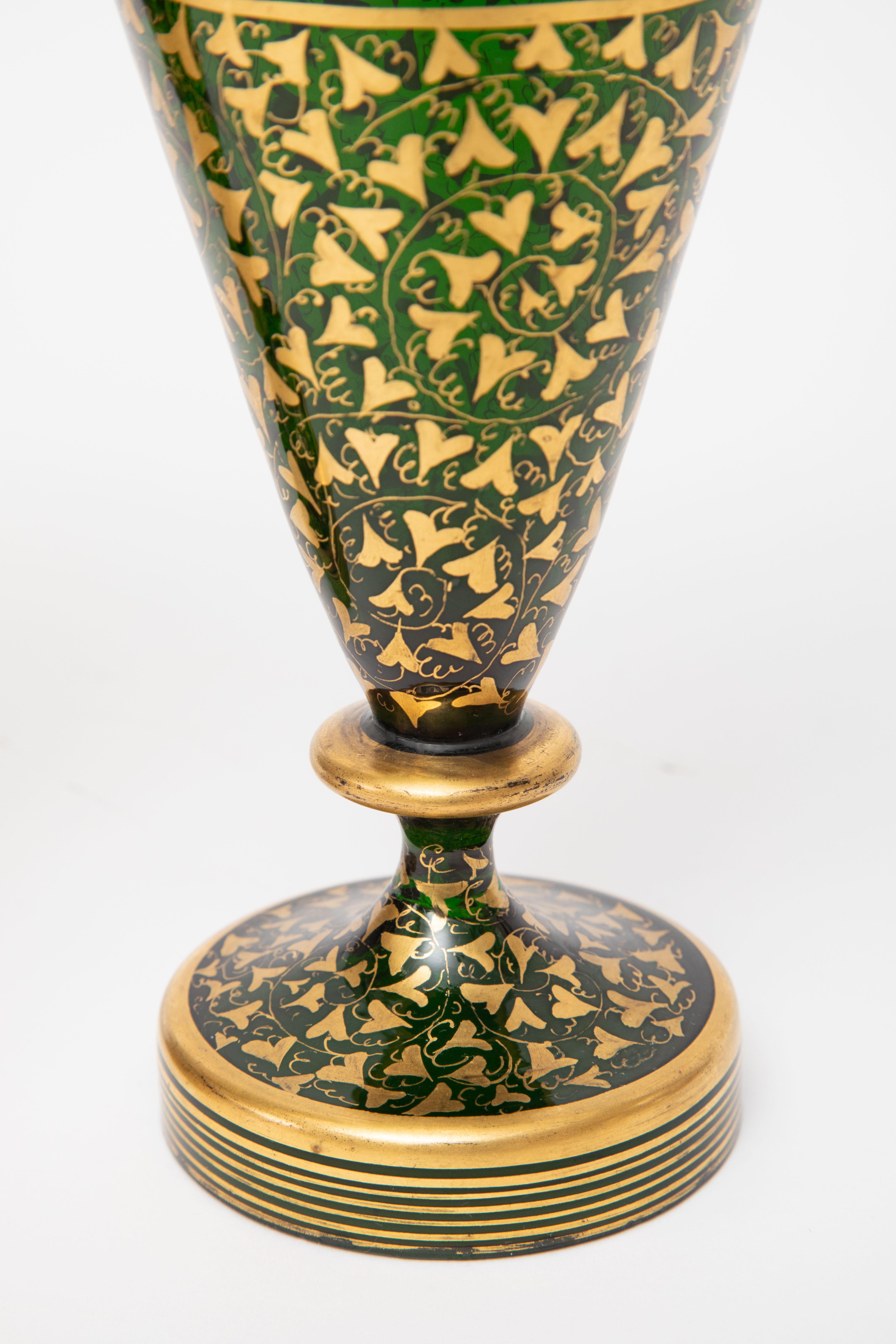 Late 19th Century Pair Green Gold 19th Century Crystal Vases, Greek Key Design Attributed Moser For Sale
