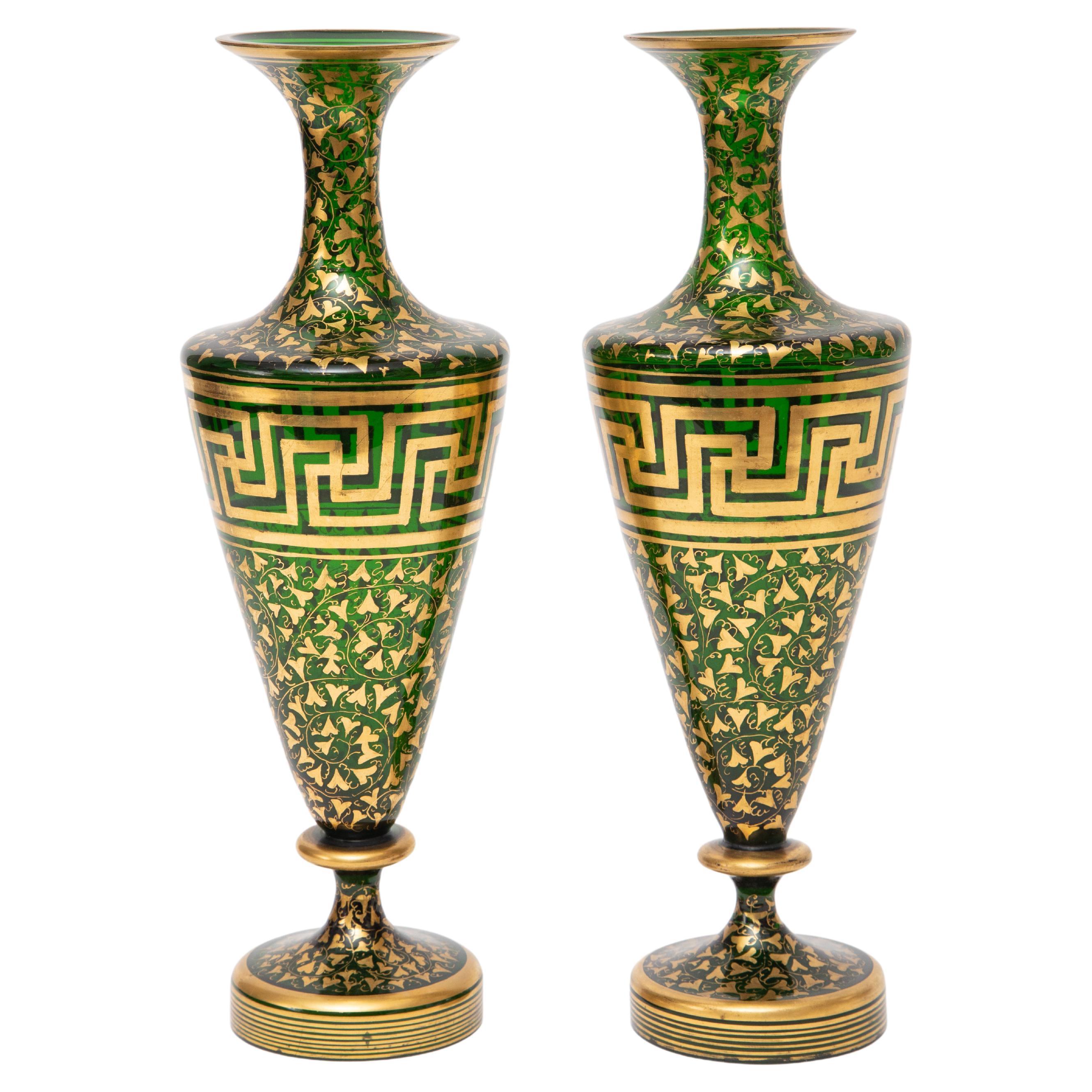 Pair Green Gold 19th Century Crystal Vases, Greek Key Design Attributed Moser
