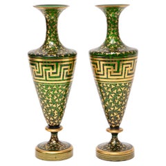 Pair Green Gold 19th Century Crystal Vases, Greek Key Design Attributed Moser