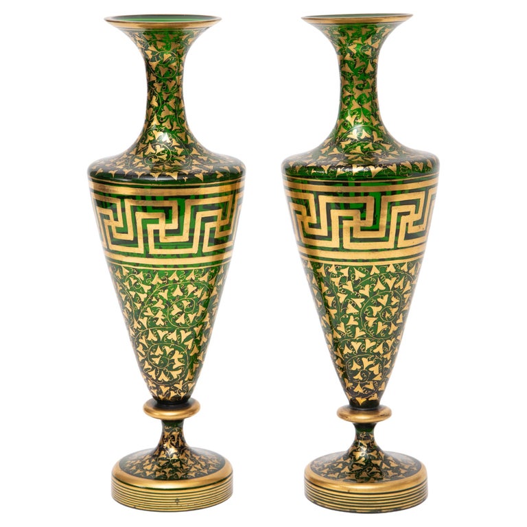 Pair Green Gold 19th Century Crystal Vases, Greek Key Design Attributed