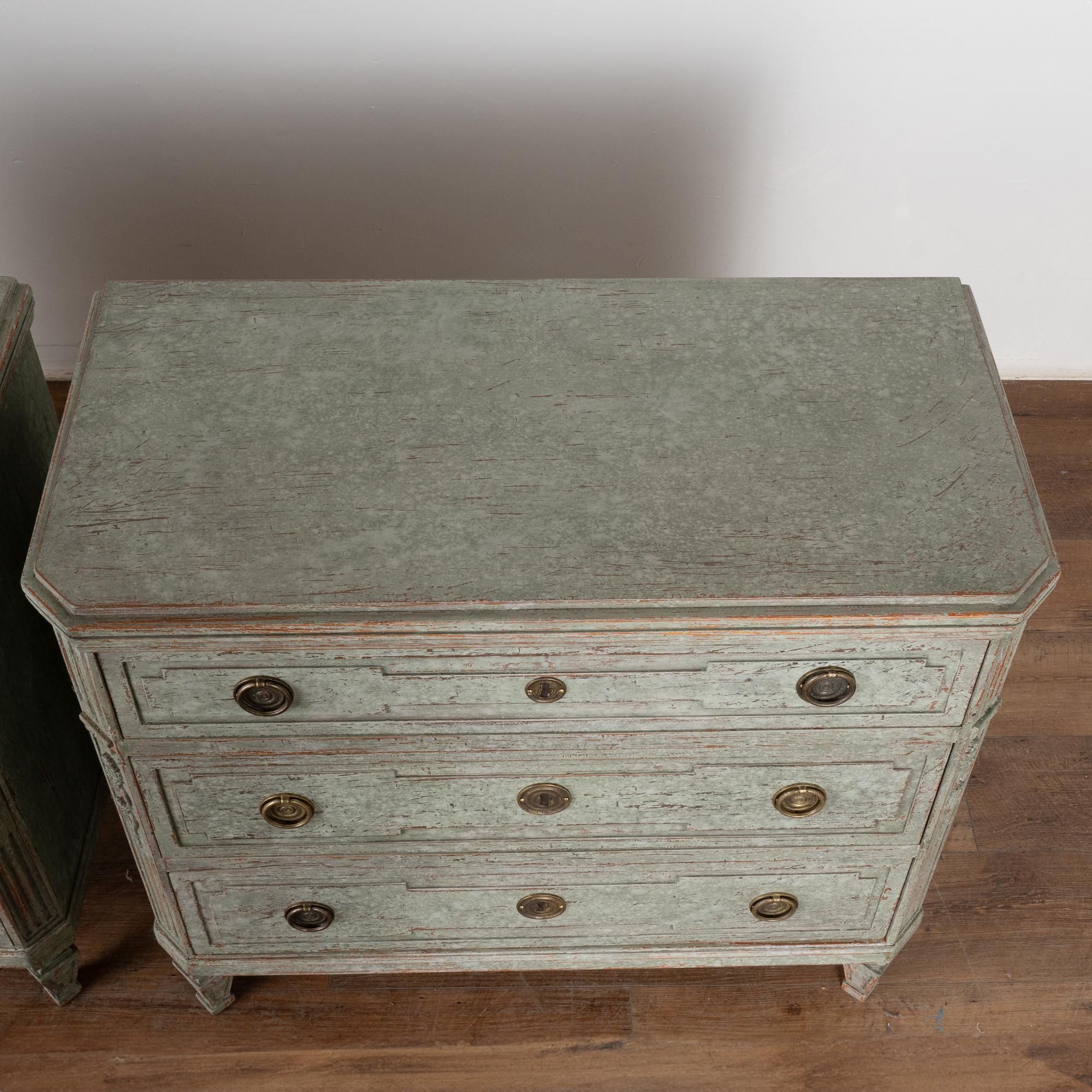 Brass Pair, Green Gustavian Chest of Drawers from Sweden circa 1860