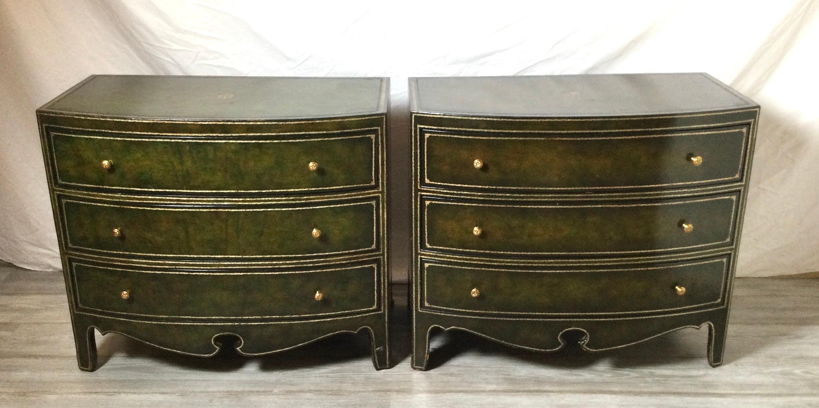 Pair Green Leather Maitland Smith Style Commodes or Small Chests at 1stDibs