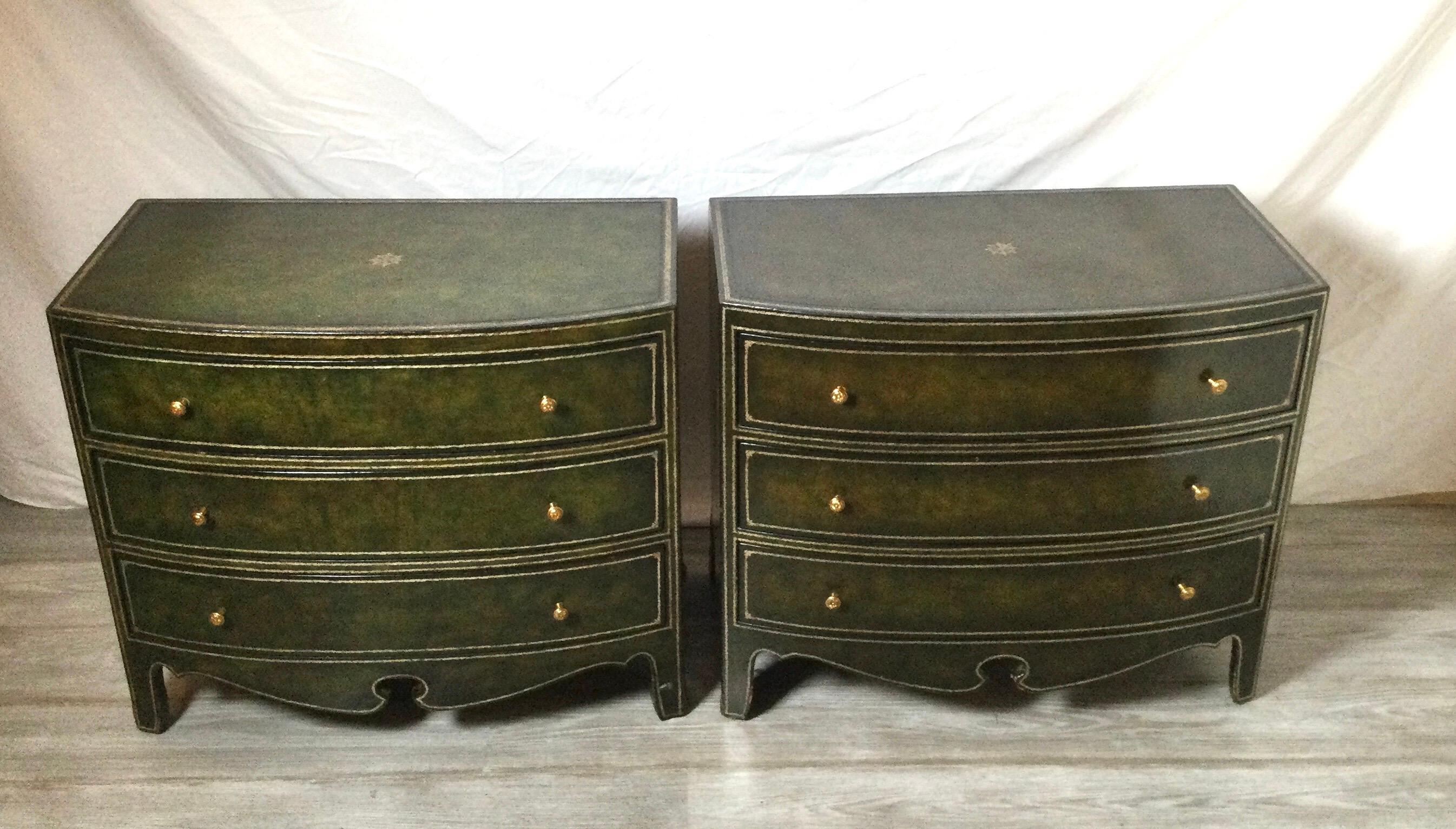 Unknown Pair Green Leather Maitland Smith Style Commodes or Small Chests