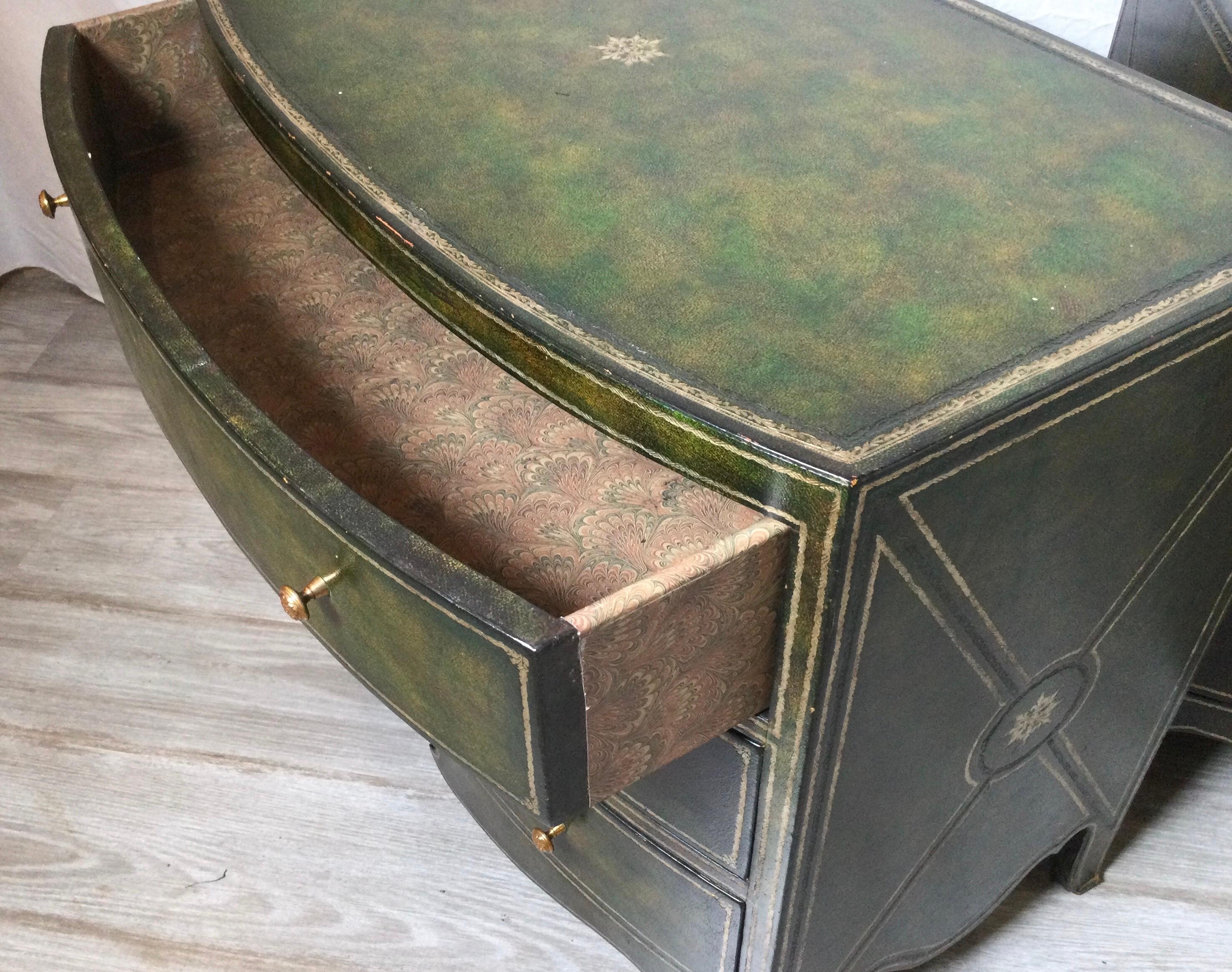 Pair Green Leather Maitland Smith Style Commodes or Small Chests In Good Condition In Lambertville, NJ